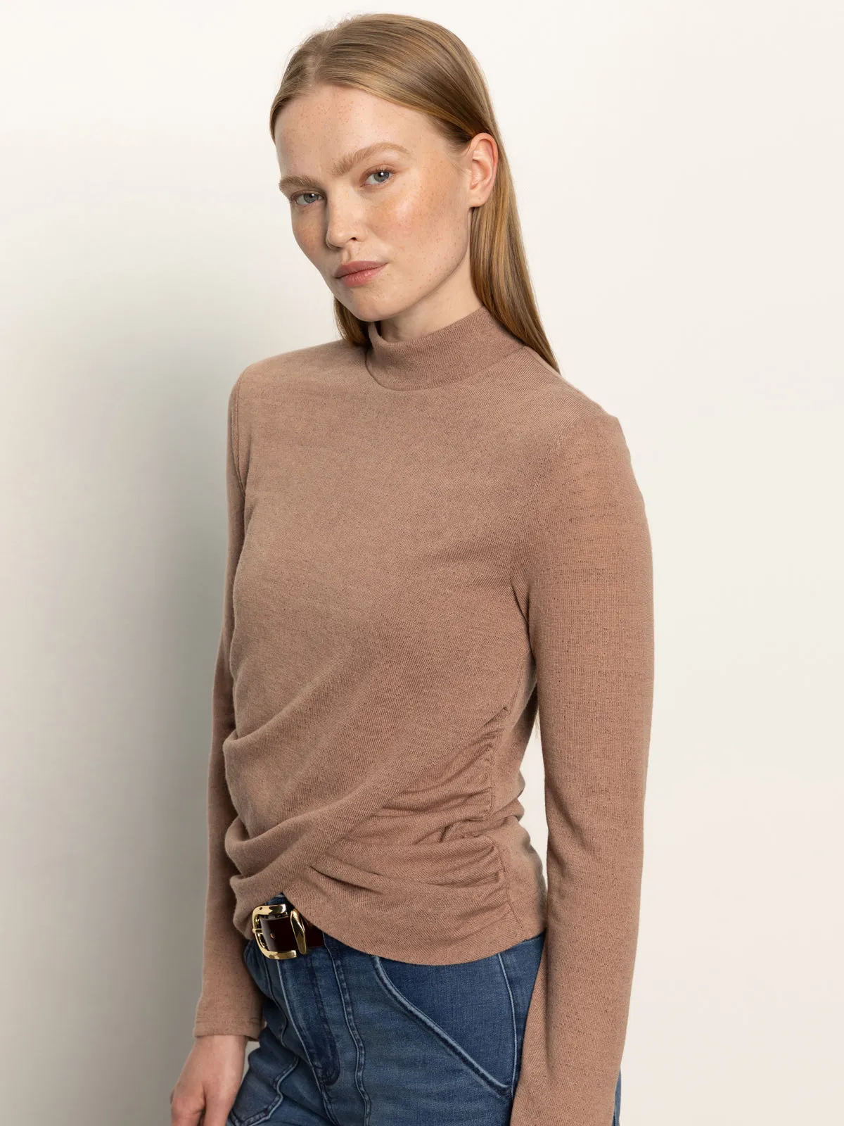 Breathable Comfort Wear Bold colors Long Sleeve Draped Mock Neck Top Mocha