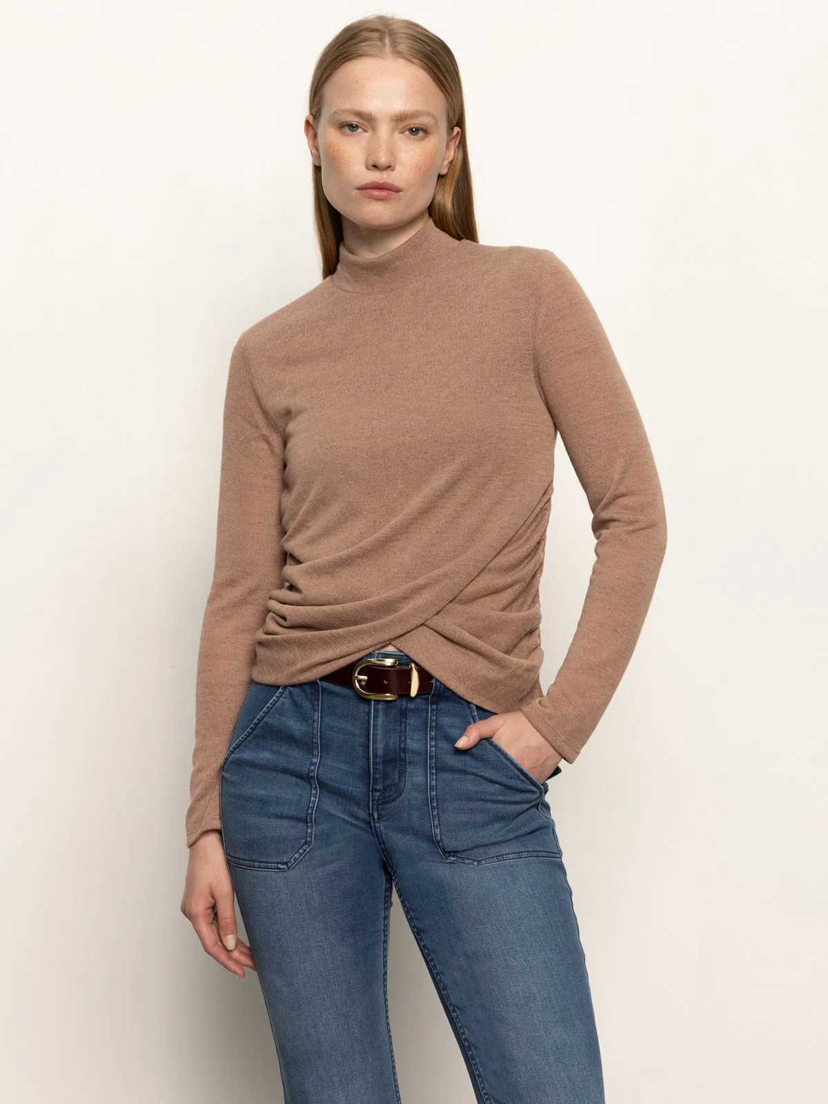 Everyday Flex Effortless Wear Fit Long Sleeve Draped Mock Neck Top Mocha