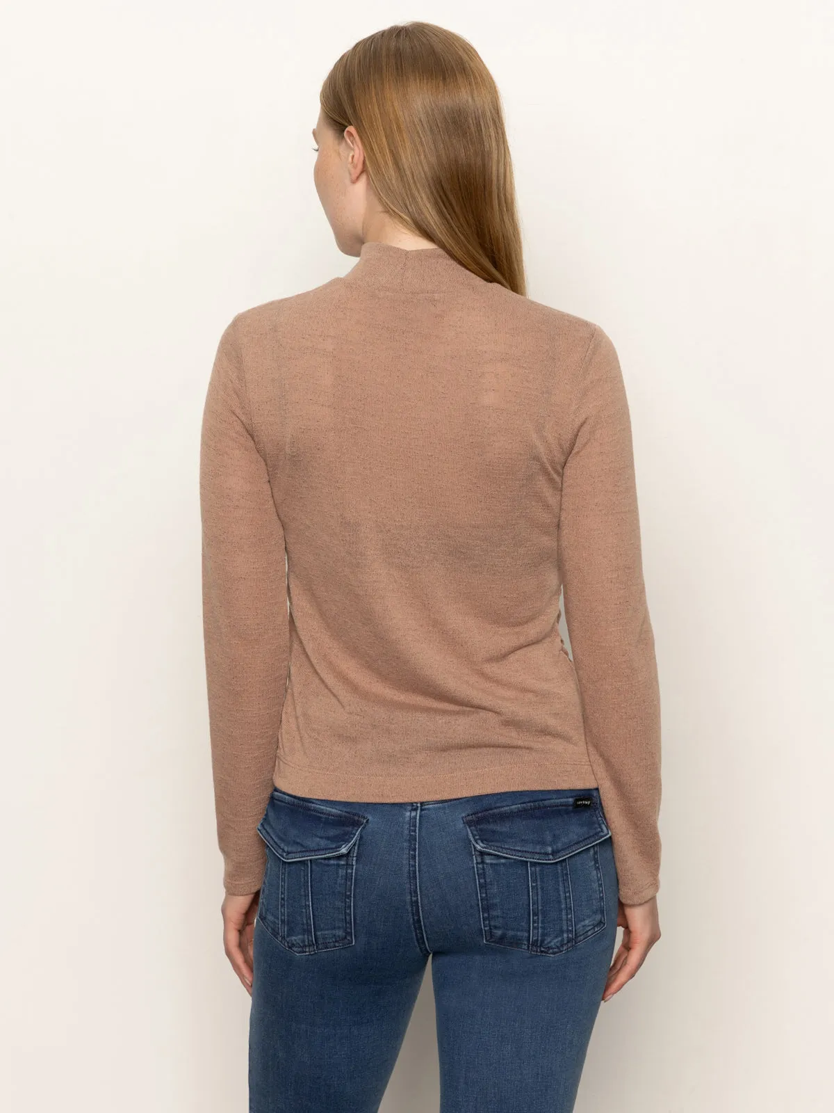 Informal charm Long Sleeve Draped Mock Neck Top Mocha