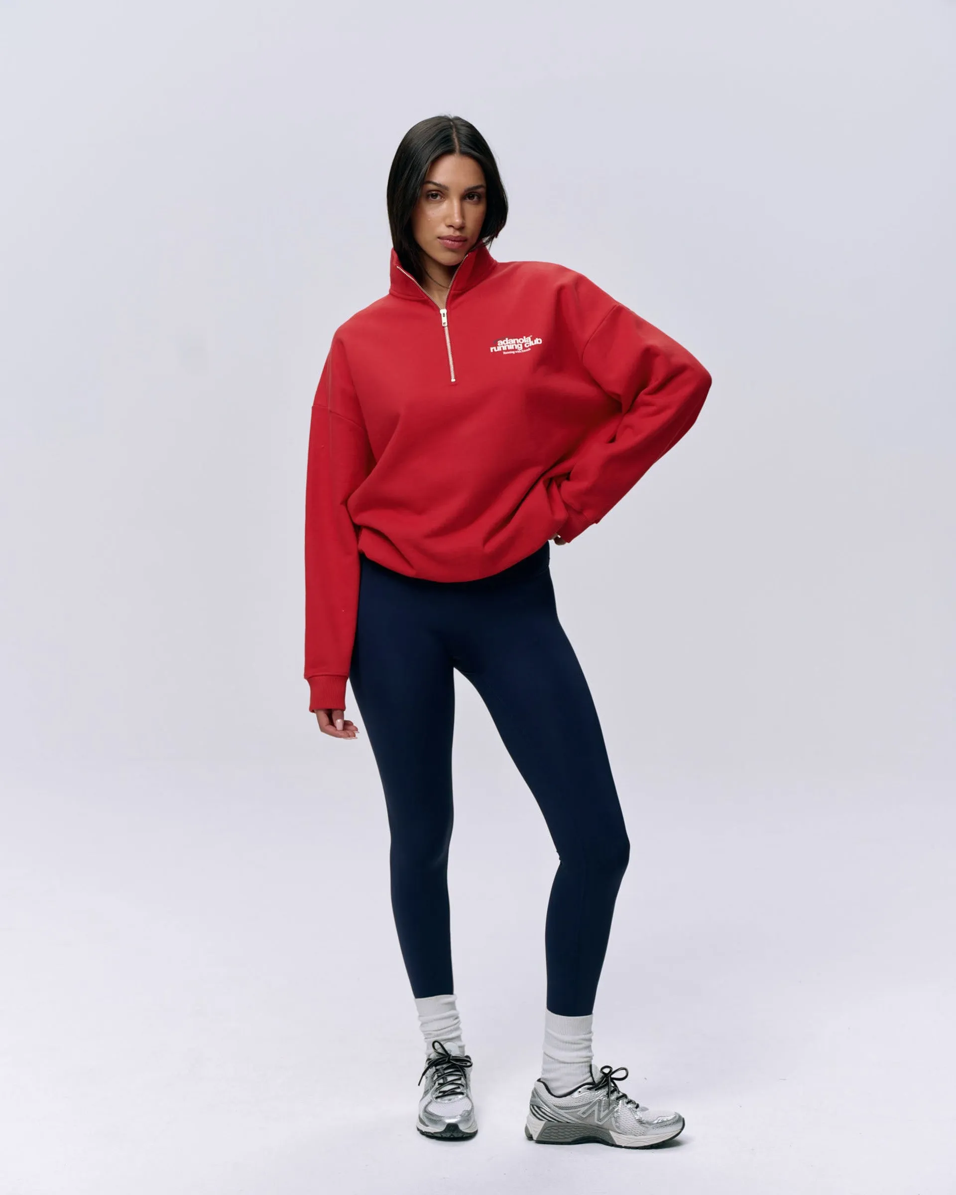 Fashionable Layer Logo Emblem Adanola Running Oversized Funnel Neck Zip Sweatshirt - Classic Red