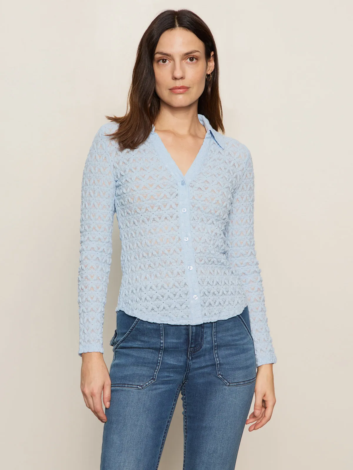 Dreamgirl Lace Button Up Top Blue Powder Relaxed Smart