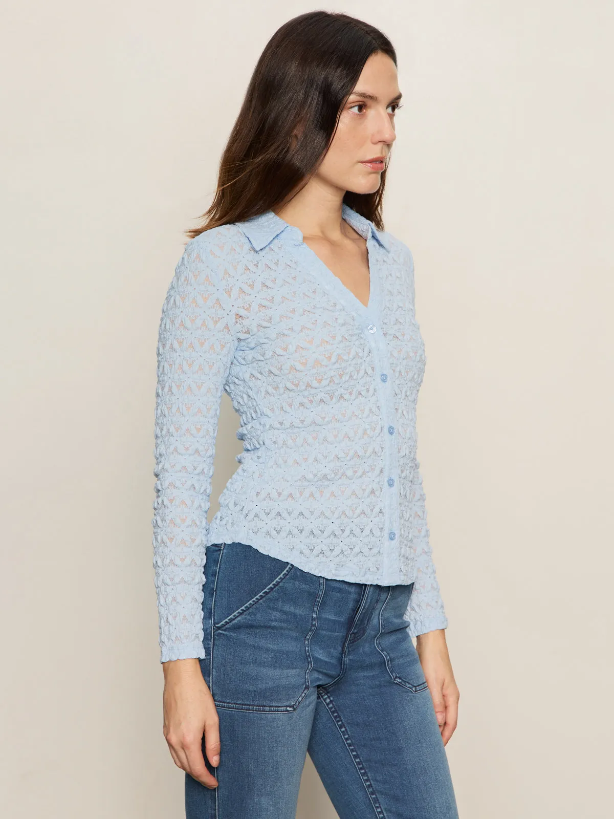 Cool Vibes Dreamgirl Lace Button Up Top Blue Powder