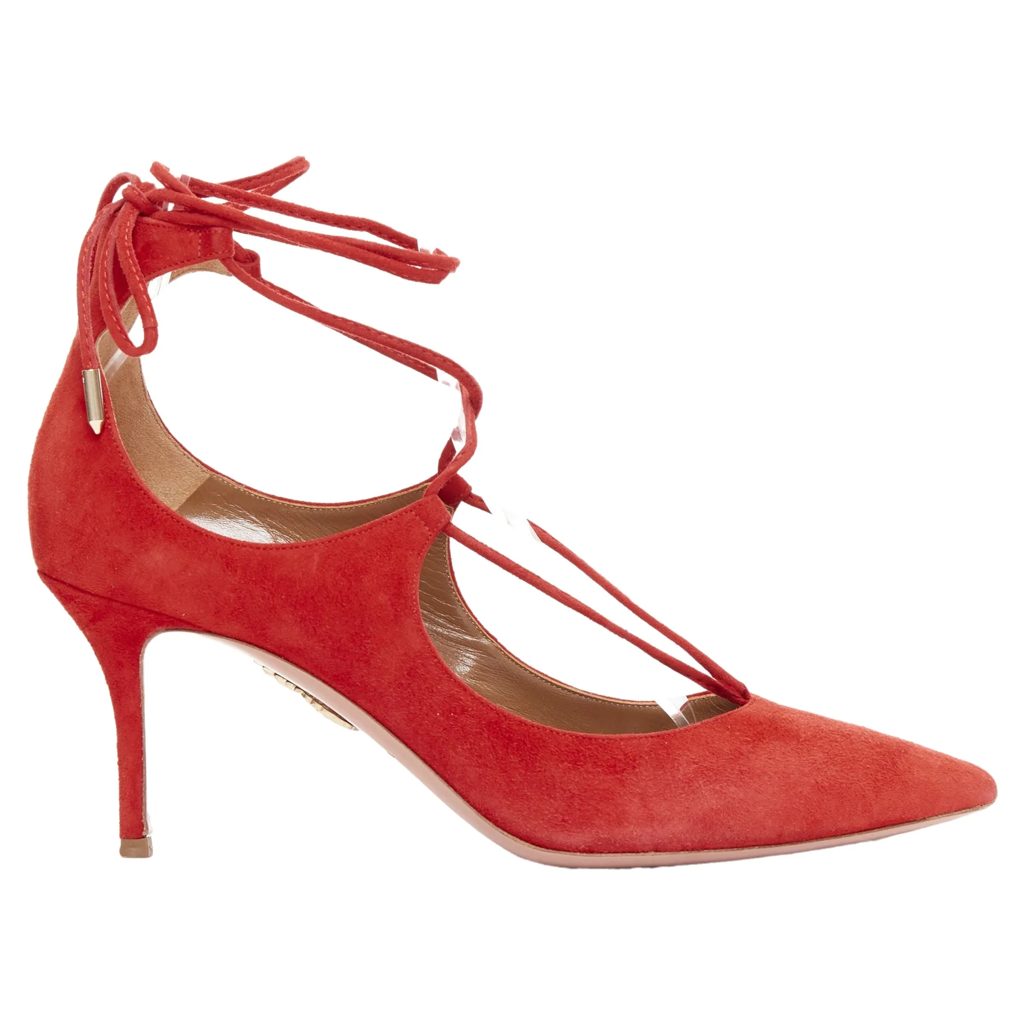 Aquazzura Christy red suede leather lace up mid pumps Anti Slip Feature Red High Heels for Weddings