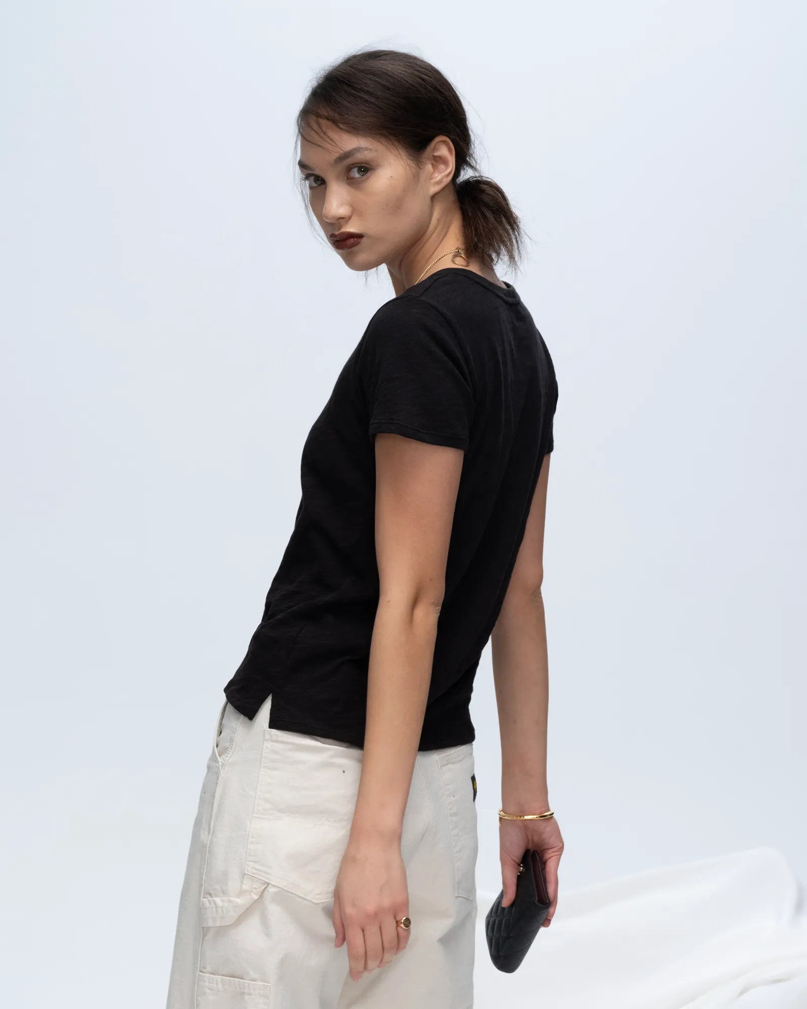 Vibrant Colors Oversized Fit Slub Jersey Schoolboy V-Neck Tee - Black