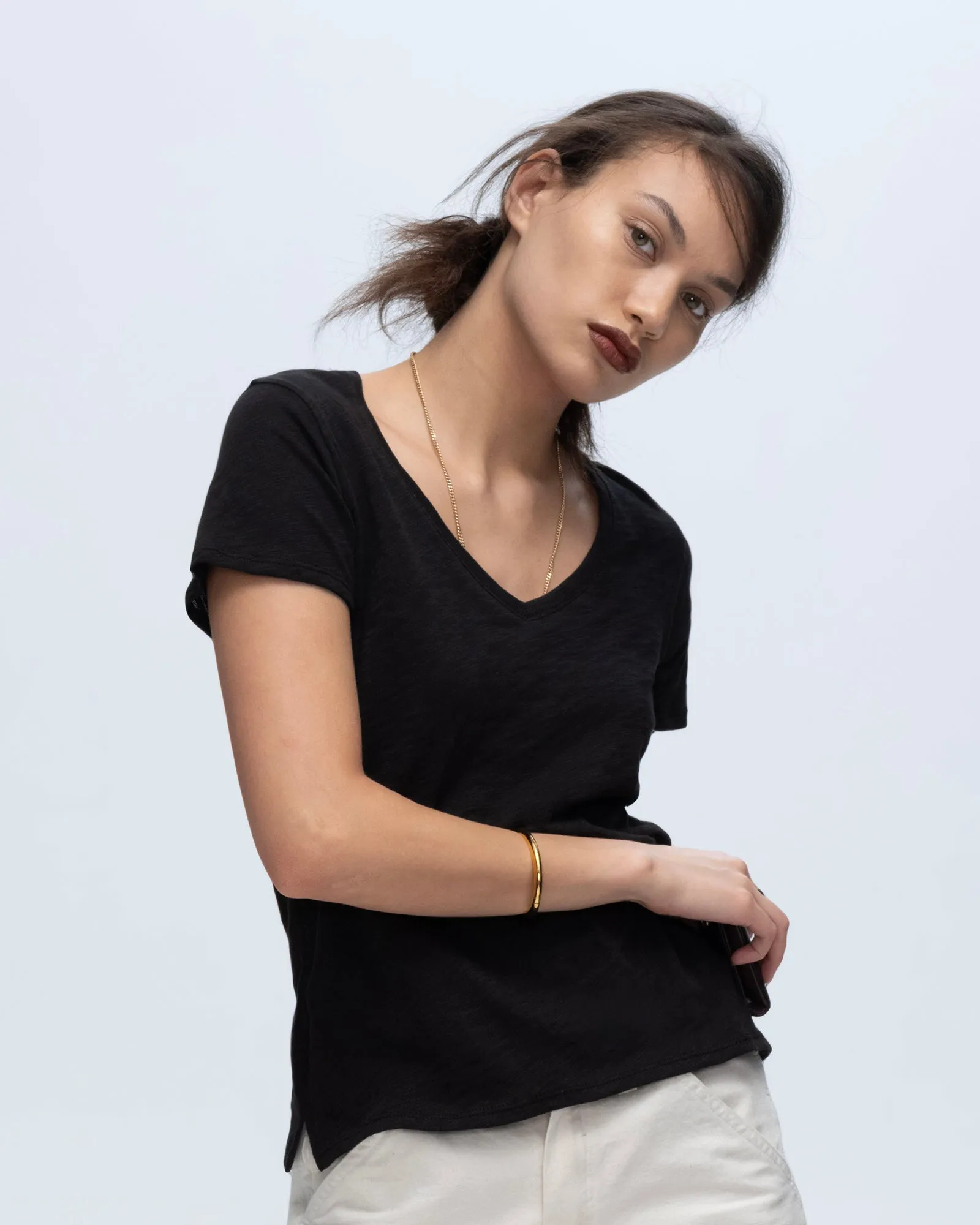 Slub Jersey Schoolboy V-Neck Tee - Black Fade Resistant Print