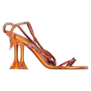mesh construction Amina Muaddi Gilda Embellished Ankle Strap Sandal Heels in Orange Calf Leather