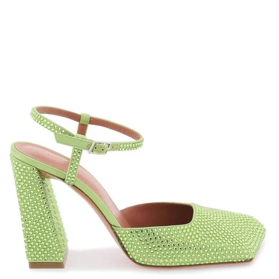 Amina Muaddi Satin Lime Charlotte Pumps With Crystals Closed Toe Comfortable Footbed