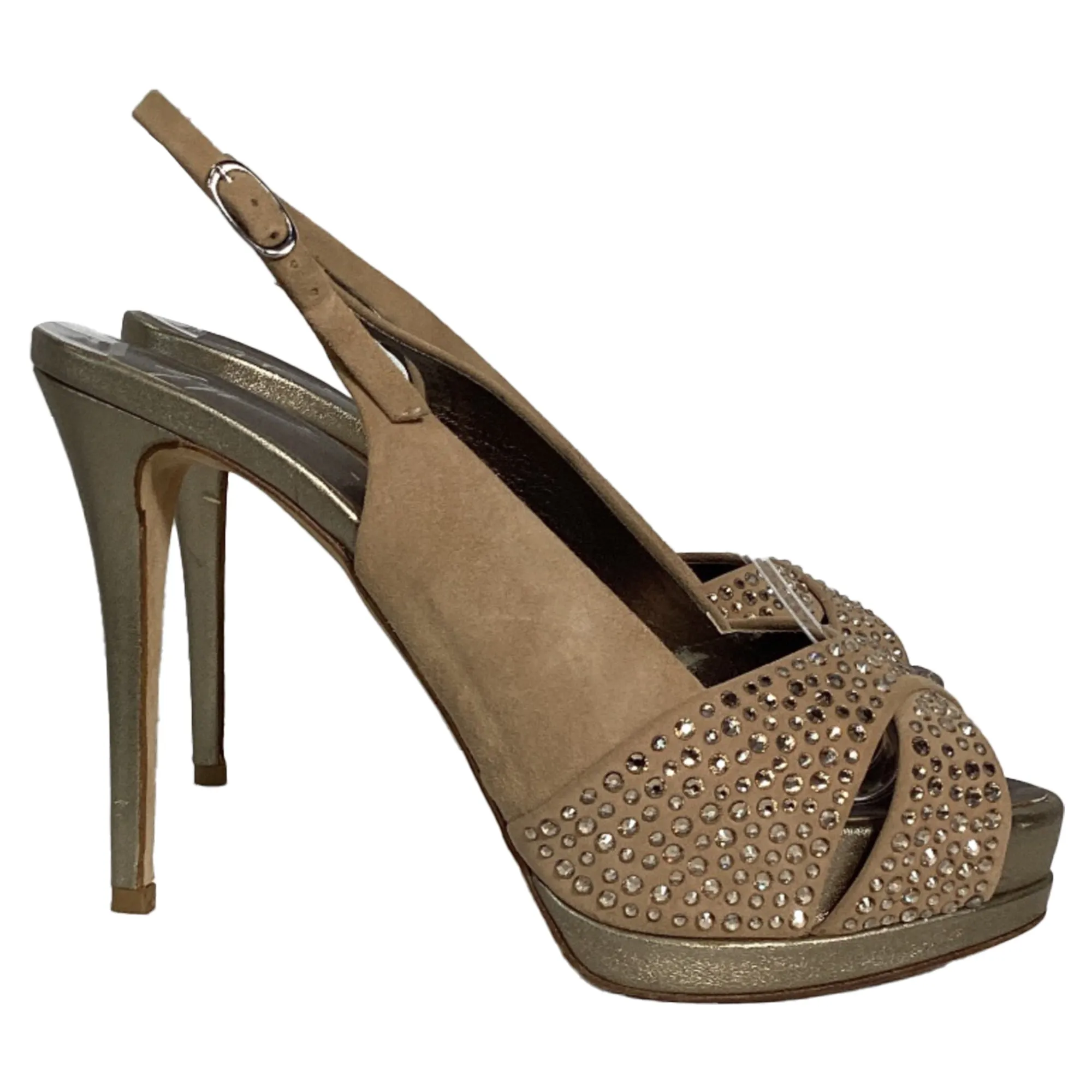 Modern Heels Giuseppe Zanotti Crystal-Embellished Slingback Pumps in Brown Suede