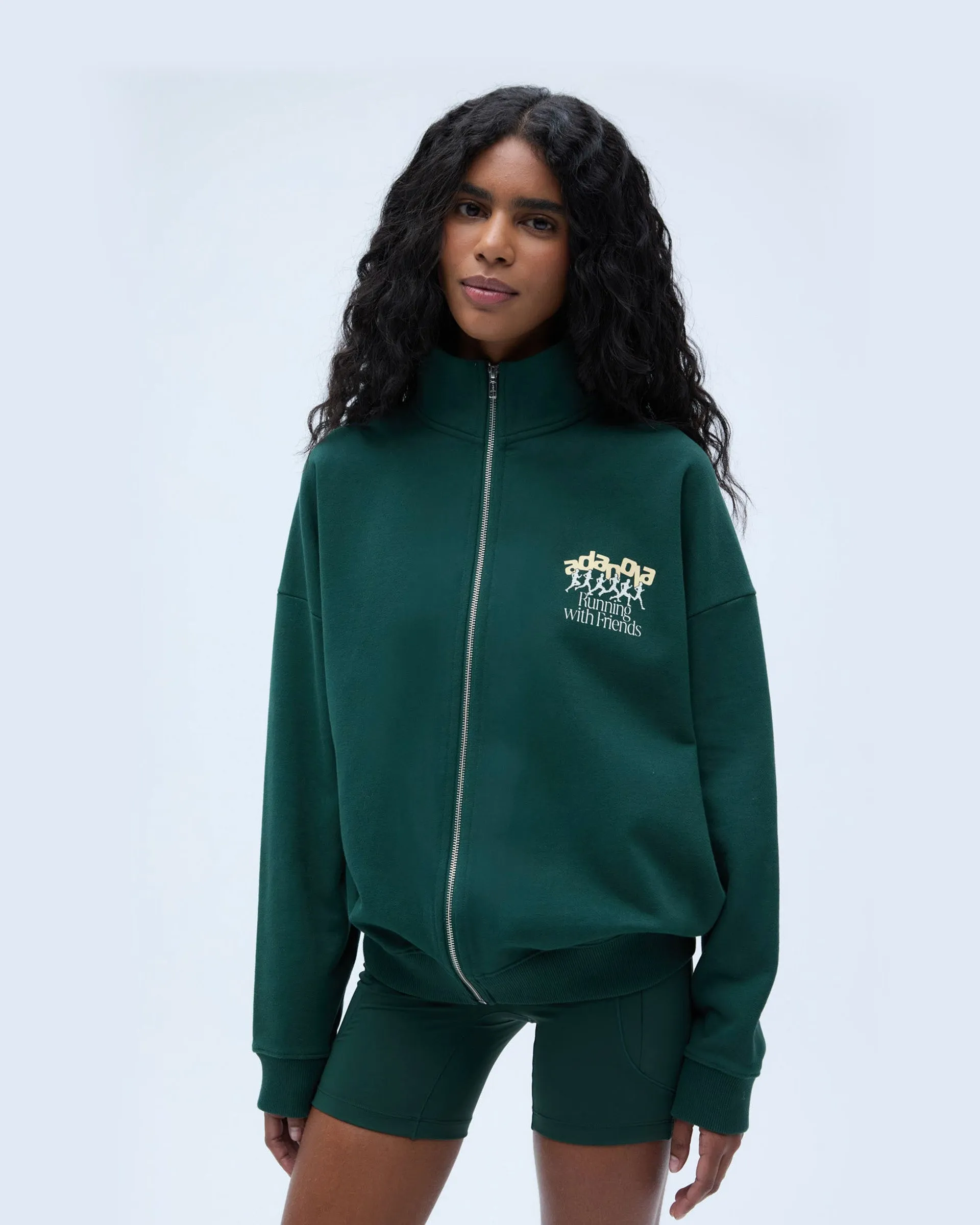 earthy colors Comfy Outerwear Runners Oversized Funnel Full Zip Sweatshirt - Pine Green