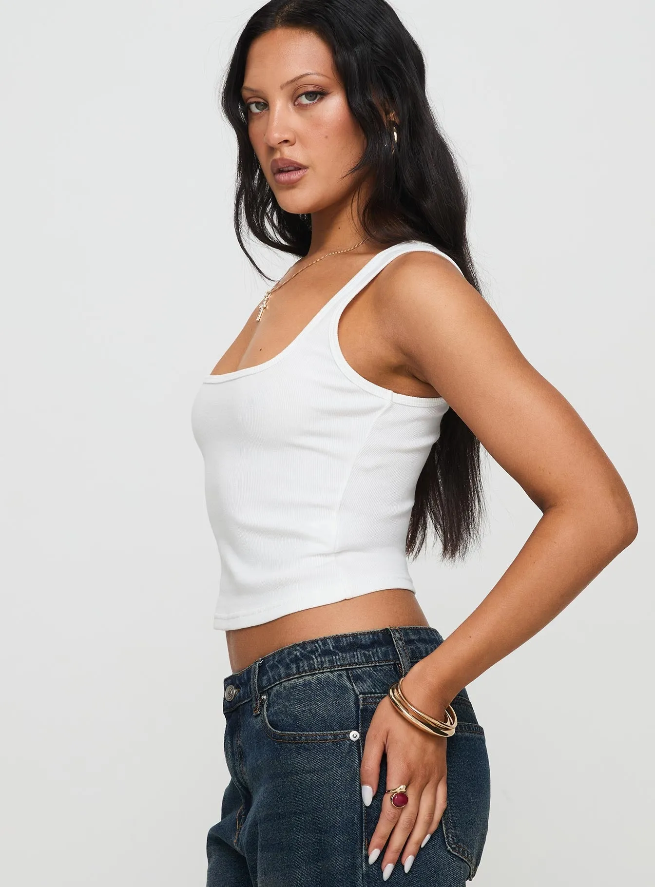 Soft Touch Baseline Square Neck Rib Tank Top White