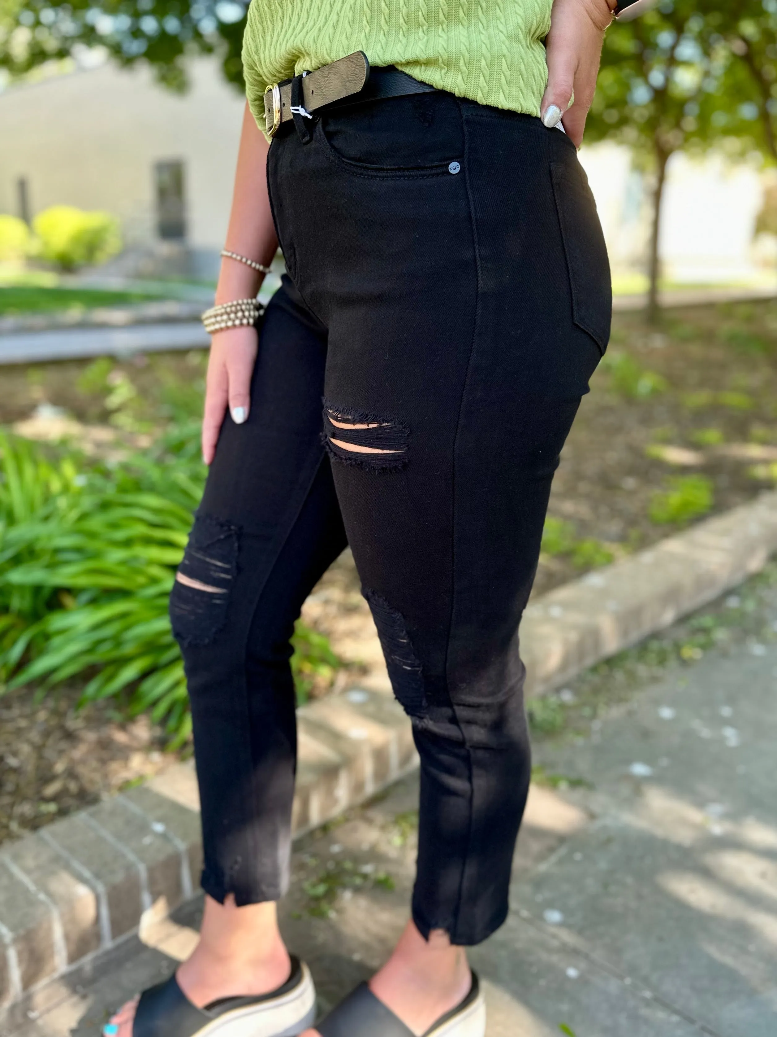 Baylee High Rise Distressed Slim Straight Jean by KanCan Easy Travel