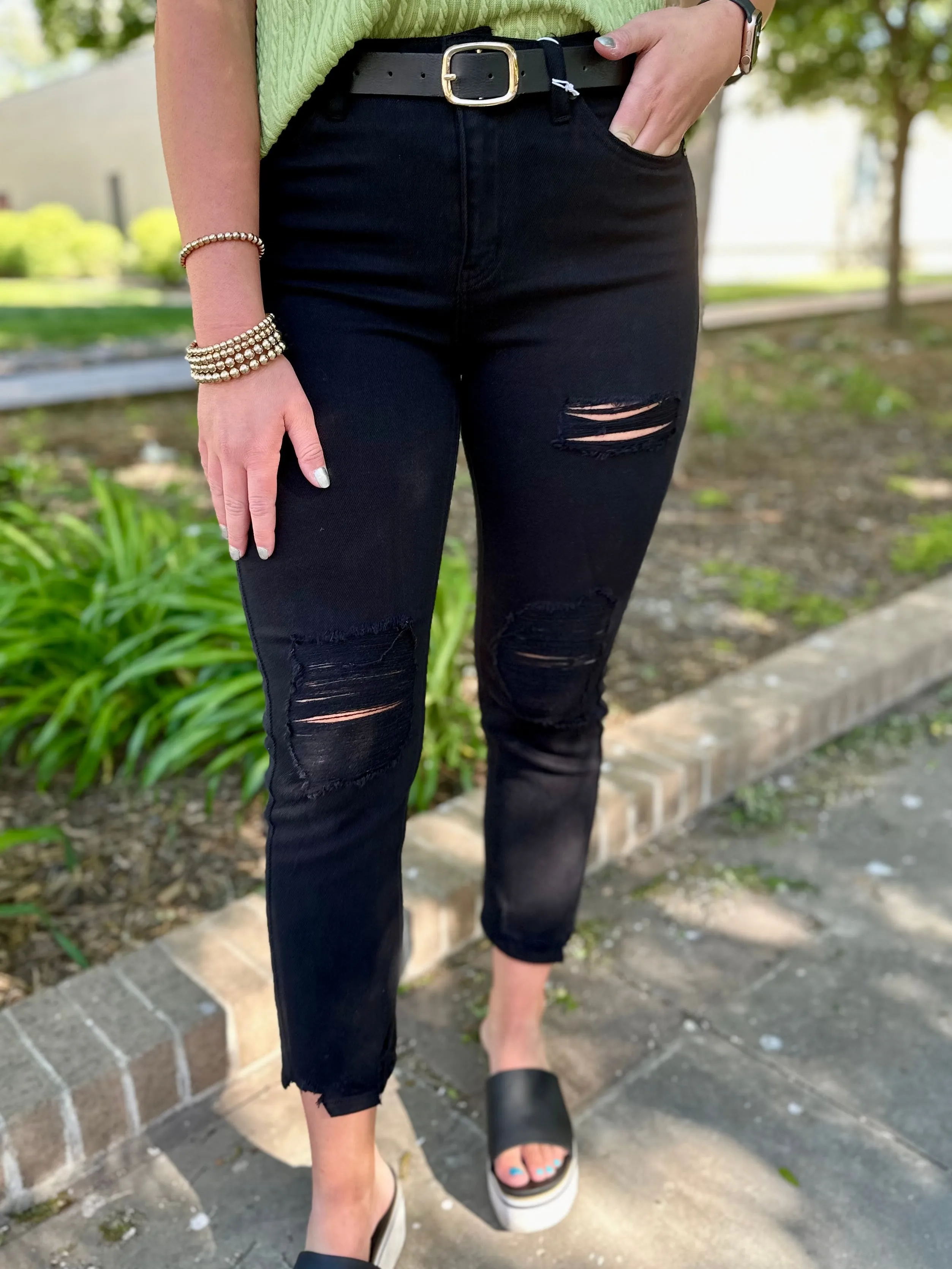 Frayed hem Baylee High Rise Distressed Slim Straight Jean by KanCan