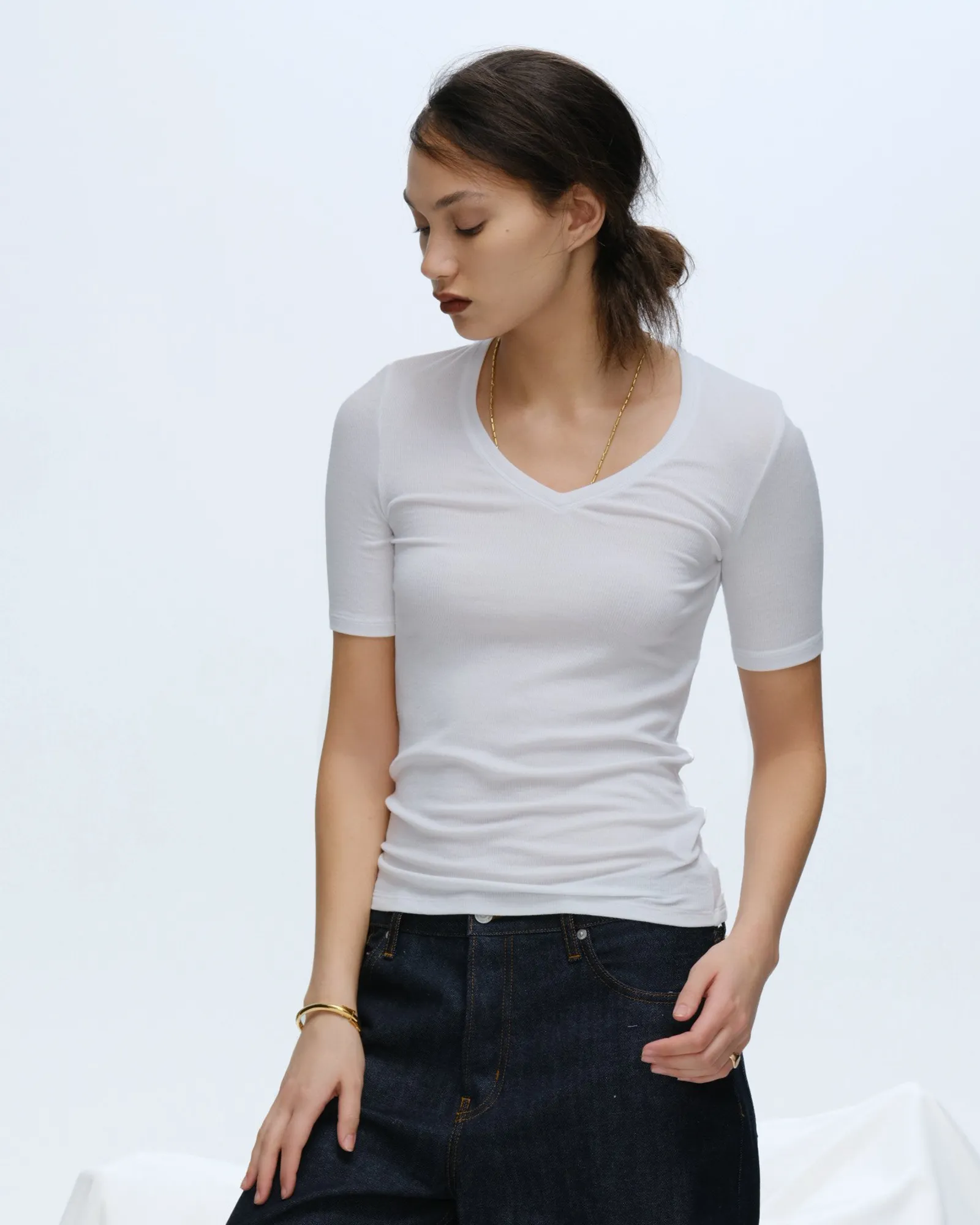 Modal Rib Short Sleeve V-Neck Tee - White Smooth Finish Quick Slip