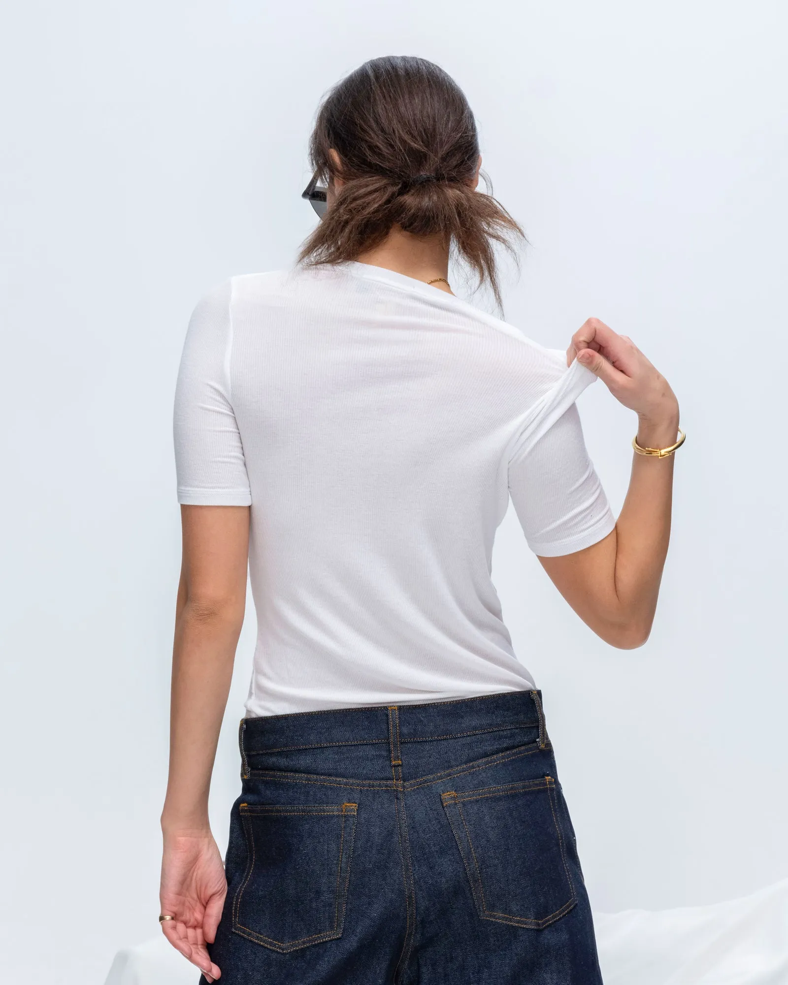 TexturedWeavePattern Streetwear Modal Rib Short Sleeve V-Neck Tee - White