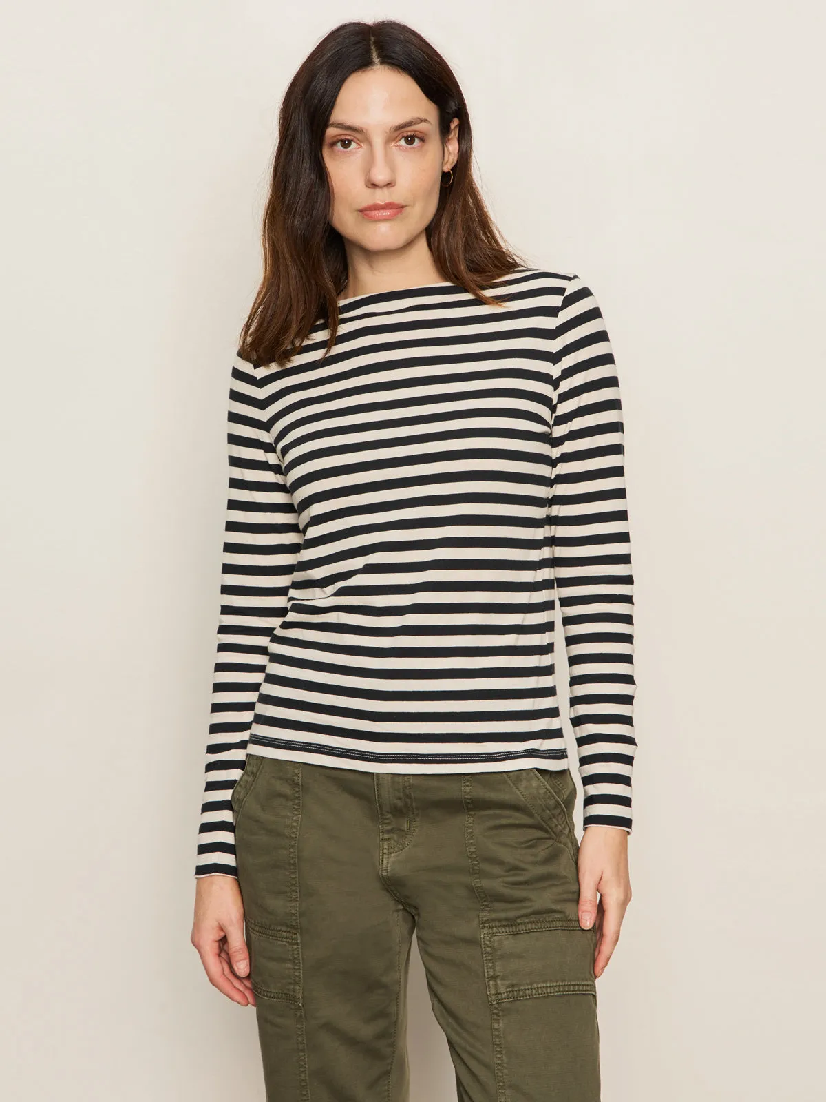 Easy Style Wear casual outing Boatneck Long Sleeve Tee Light Oat/Black Stripe