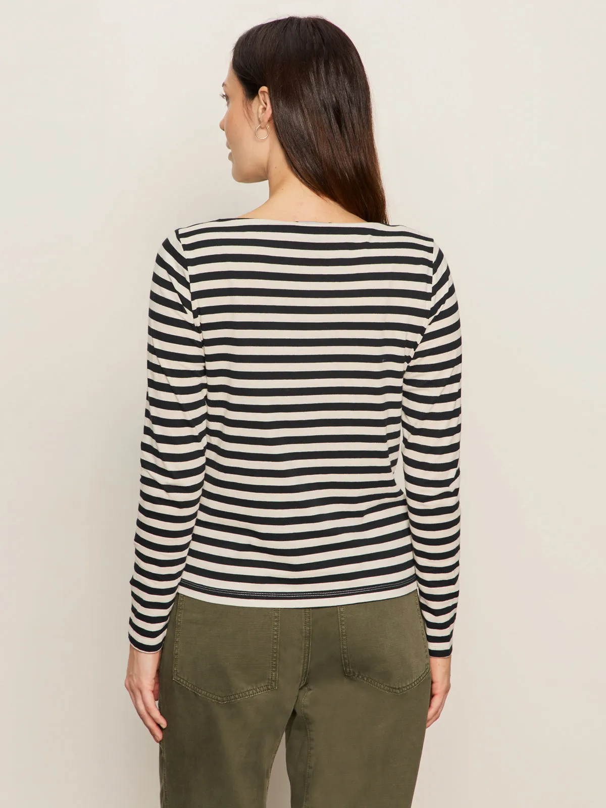 Boatneck Long Sleeve Tee Light Oat/Black Stripe Wicking Interlock Knit Luxury clothing