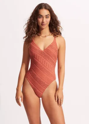Flexible Back Design Four Way Stretch Material Marrakesh V Neck One Piece - Cinnamon