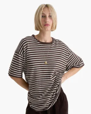 Cotton Cashmere Oversized Striped Crew Neck Tee - Dark Chocolate Chalk Stretch Fit