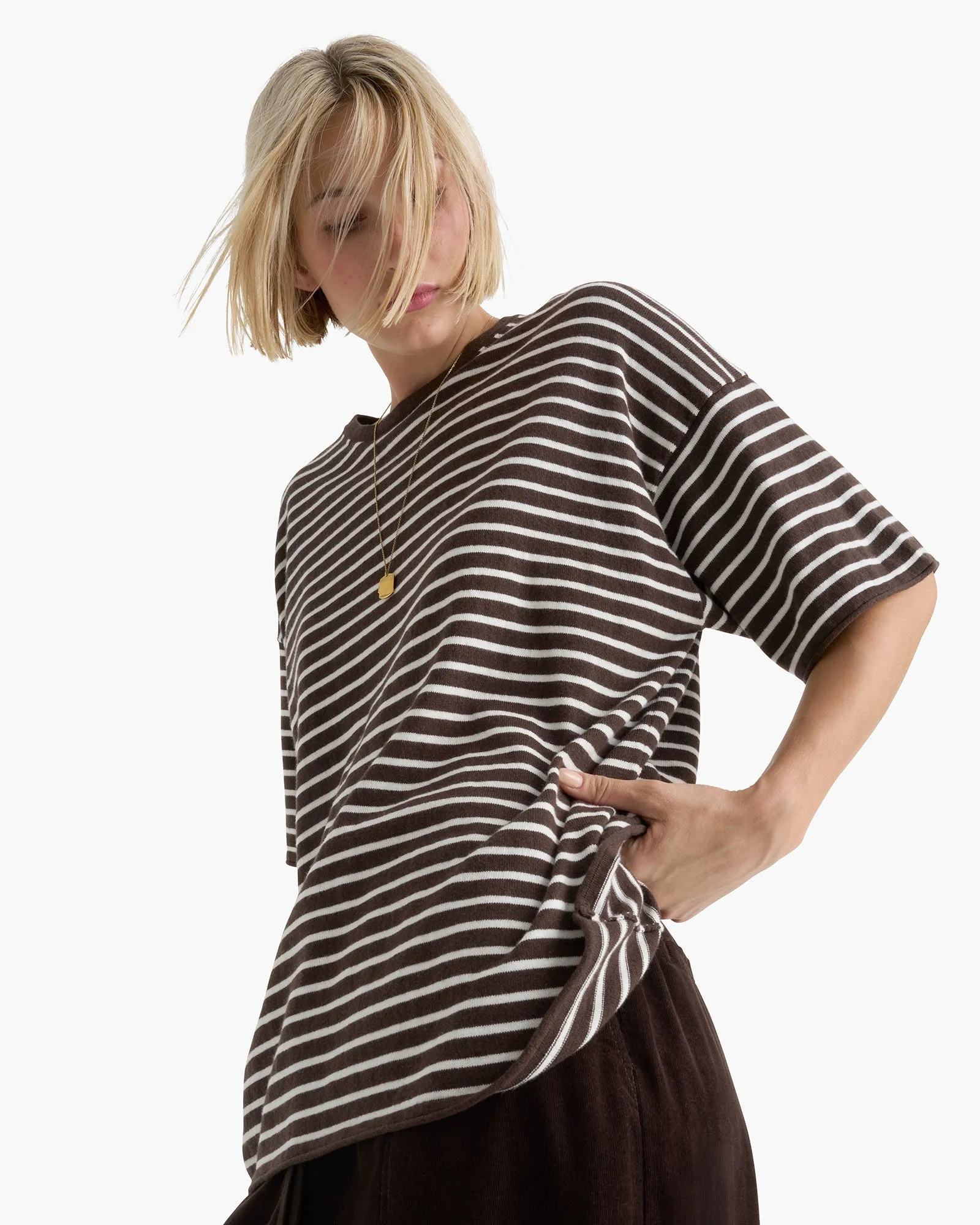 Ribbed Collar Trim Cotton Cashmere Oversized Striped Crew Neck Tee - Dark Chocolate Chalk