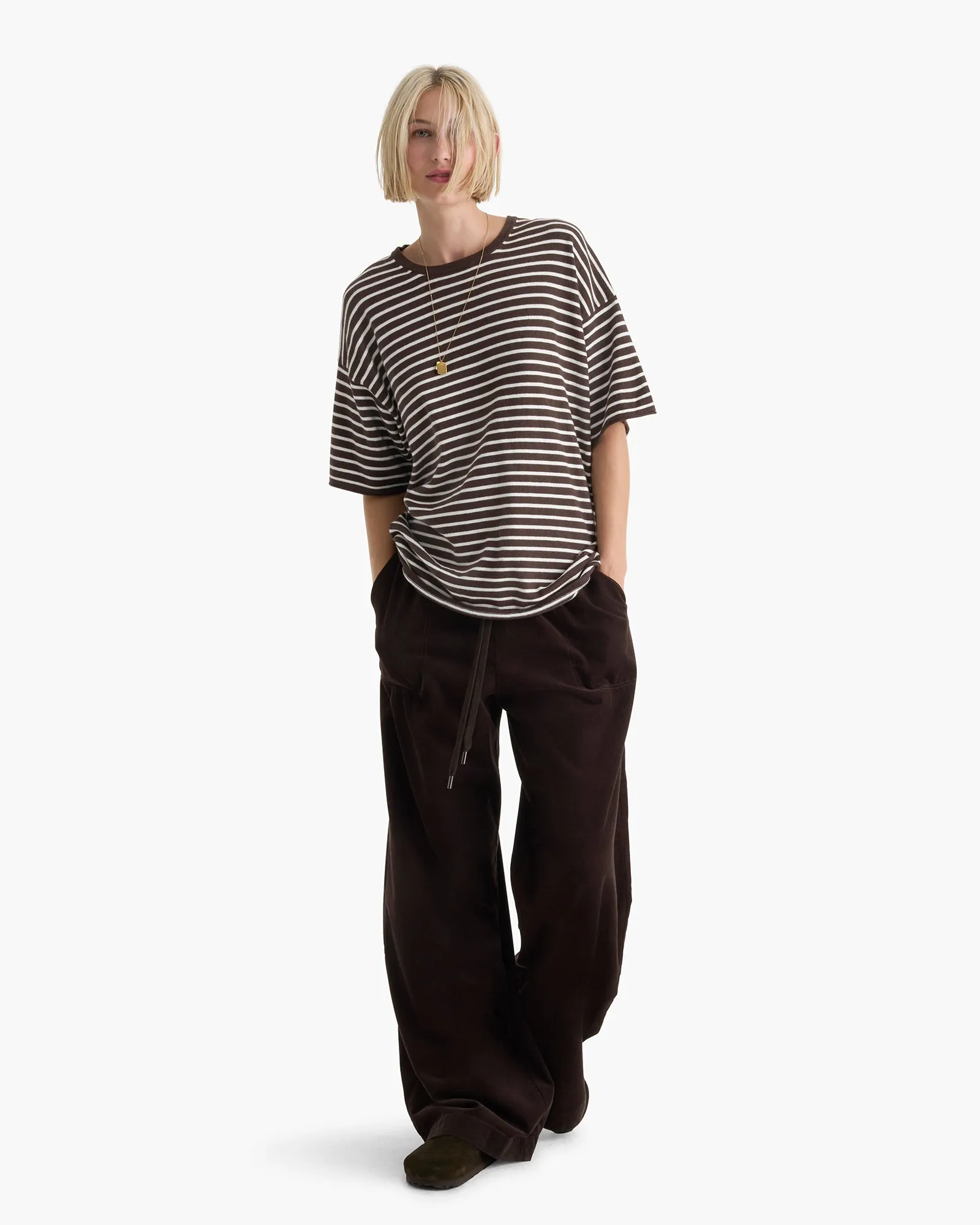 Cotton Cashmere Oversized Striped Crew Neck Tee - Dark Chocolate Chalk Bold Look