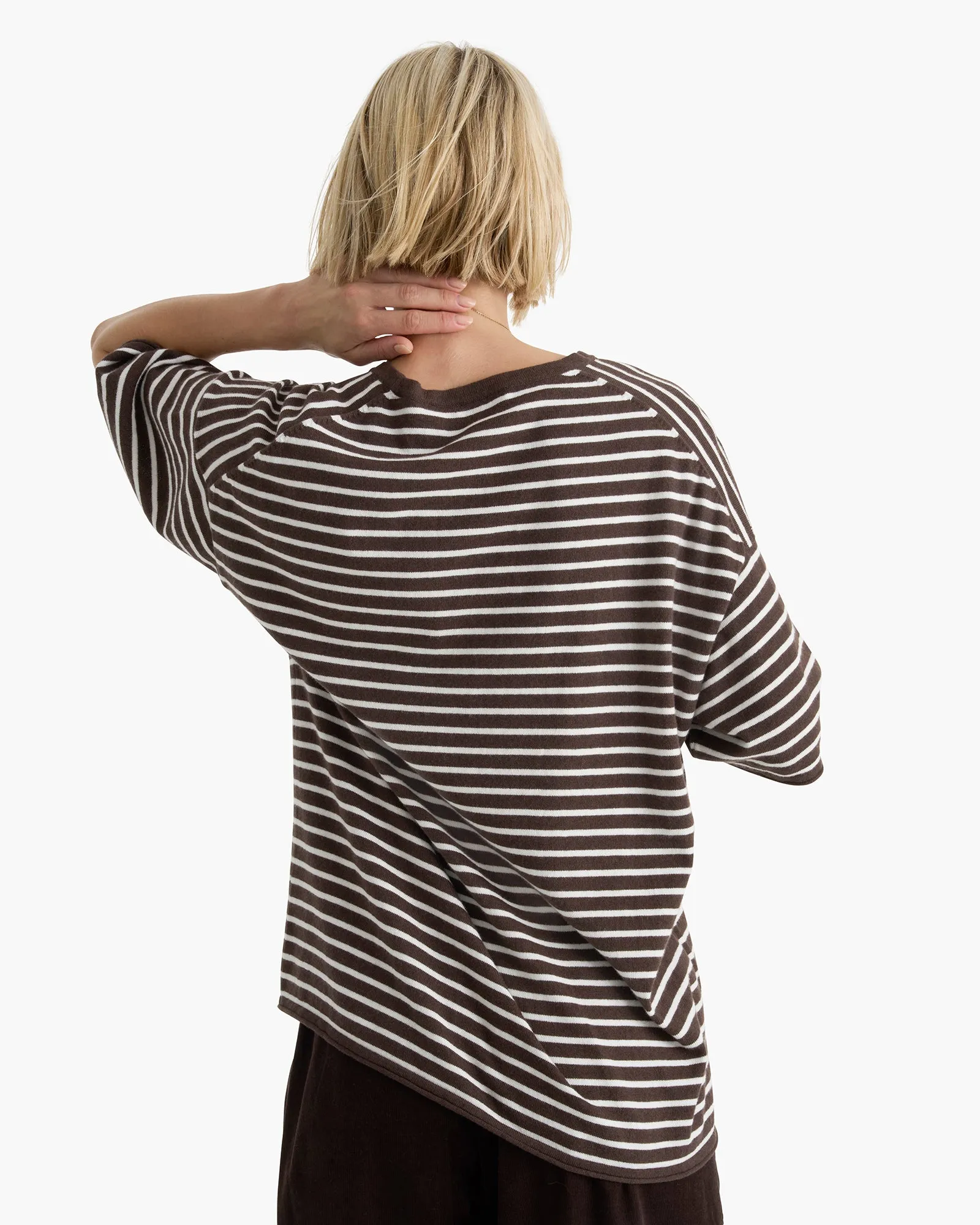 Classic Color Cotton Cashmere Oversized Striped Crew Neck Tee - Dark Chocolate Chalk