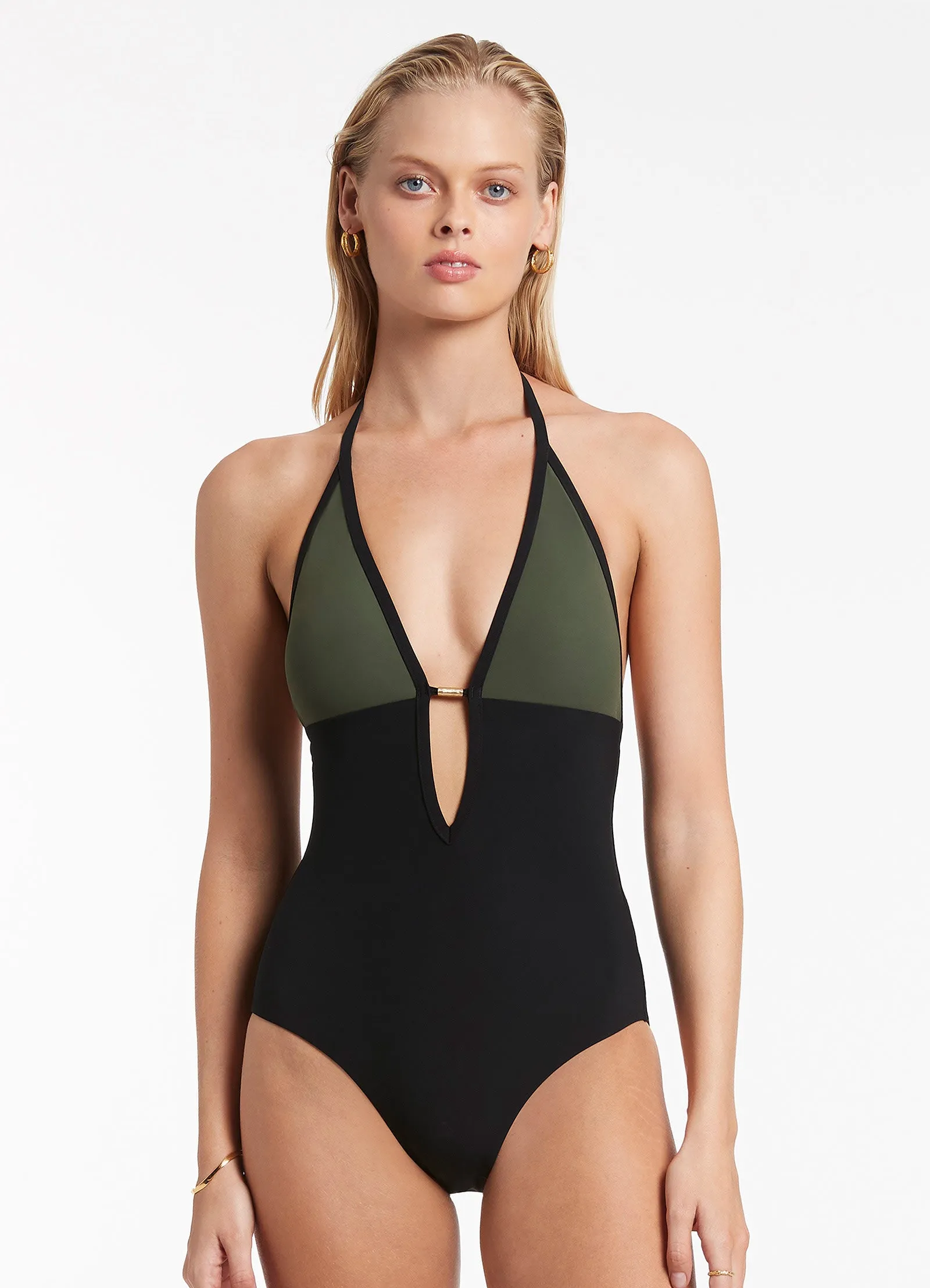 Versa Plunge One Piece - Olive Tummy Control Non Chafing Hemlines