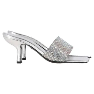 By Far Dylan Crystal-Embellished Mules in Silver Leather Chic Element Silky Detail