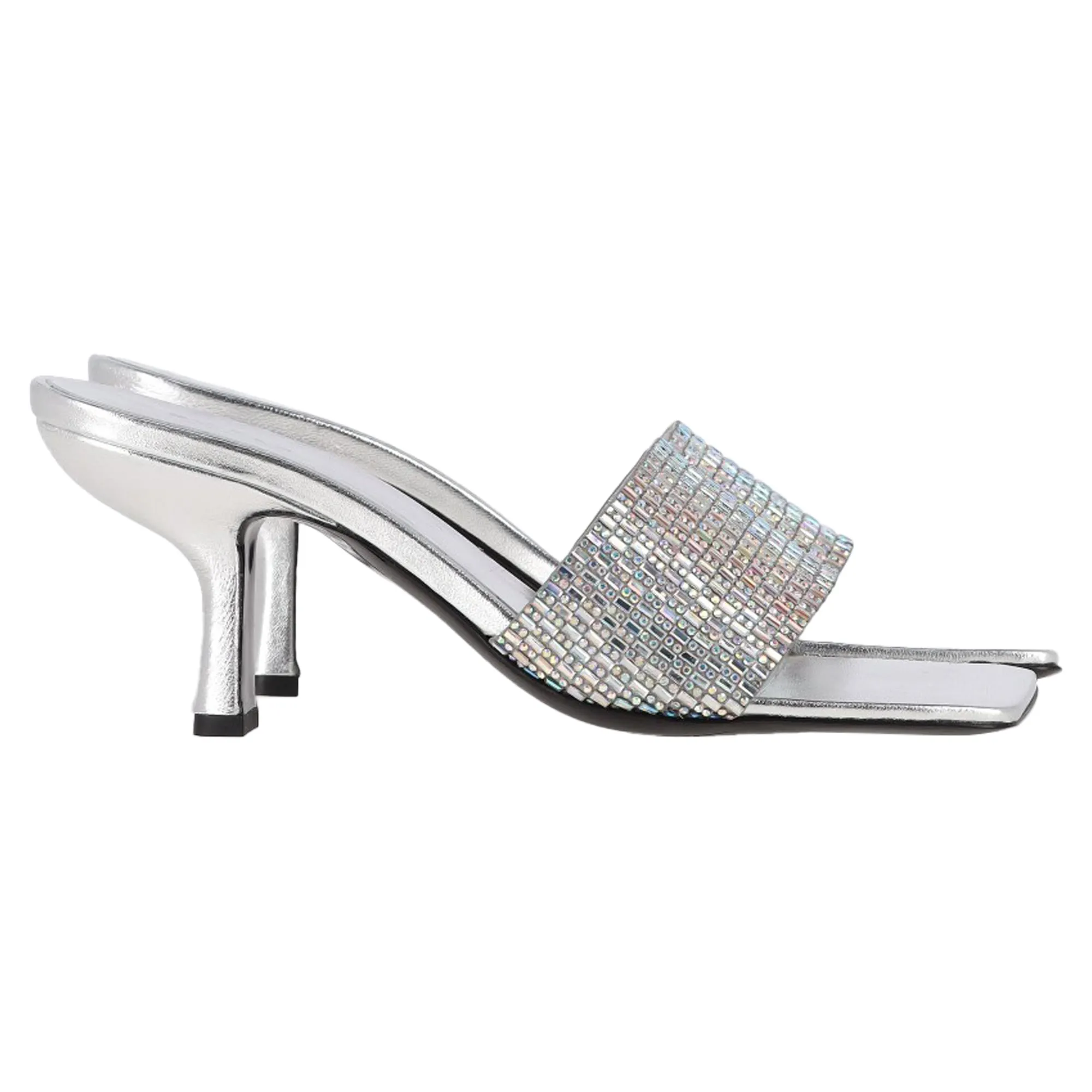 By Far Dylan Crystal-Embellished Mules in Silver Leather Chic Element Silky Detail