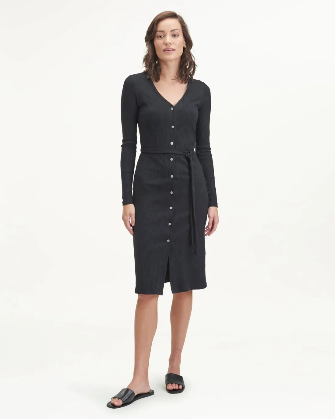 Spring-Season Smooth Outline Rib Button Front Dress