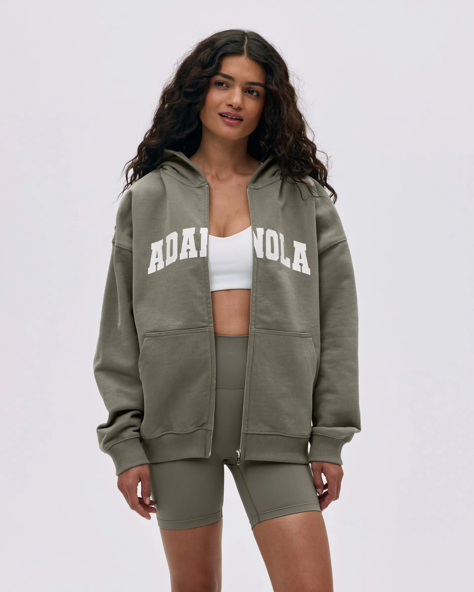 Varsity Oversized Full Zip Hoodie - Olive Green/Marshmallow White Athletic Cut Plus Size