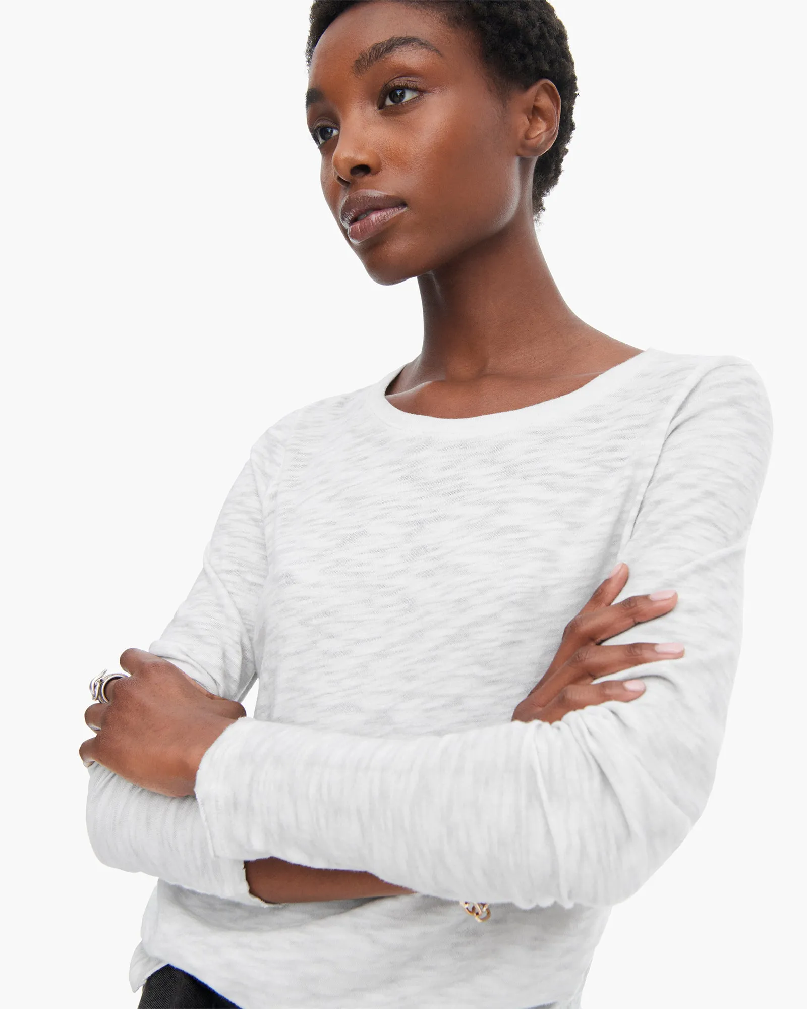 Durable Ribbed Hem Weekend Comfort Sublime Wash Slub Jersey Long Sleeve Destroyed Crew - Silver