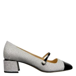 Jimmy Choo Glitter Square-Toe Leather Shoe Wide Strap Heels