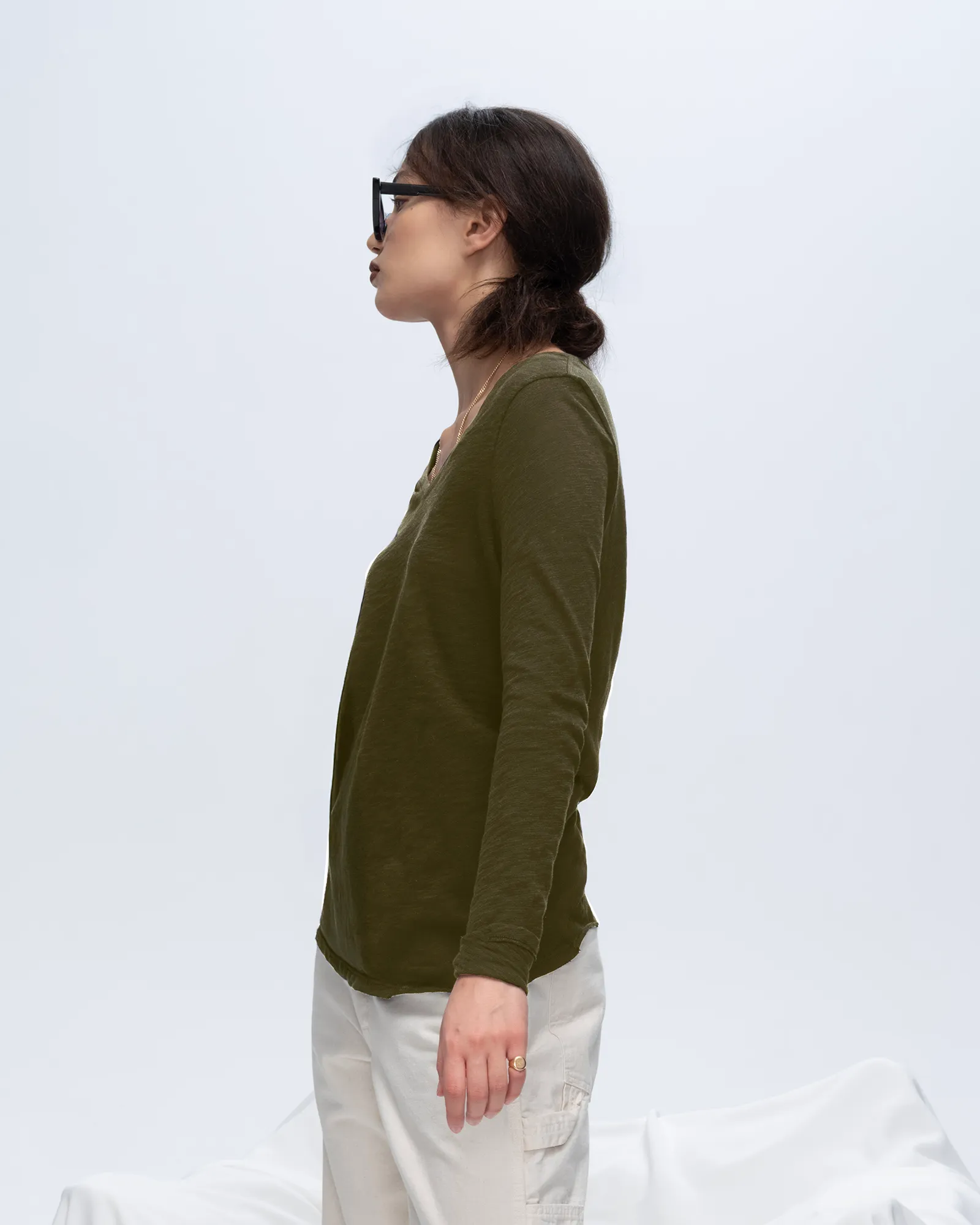 Slub Jersey Long Sleeve V-Neck Tee - Army City Casual