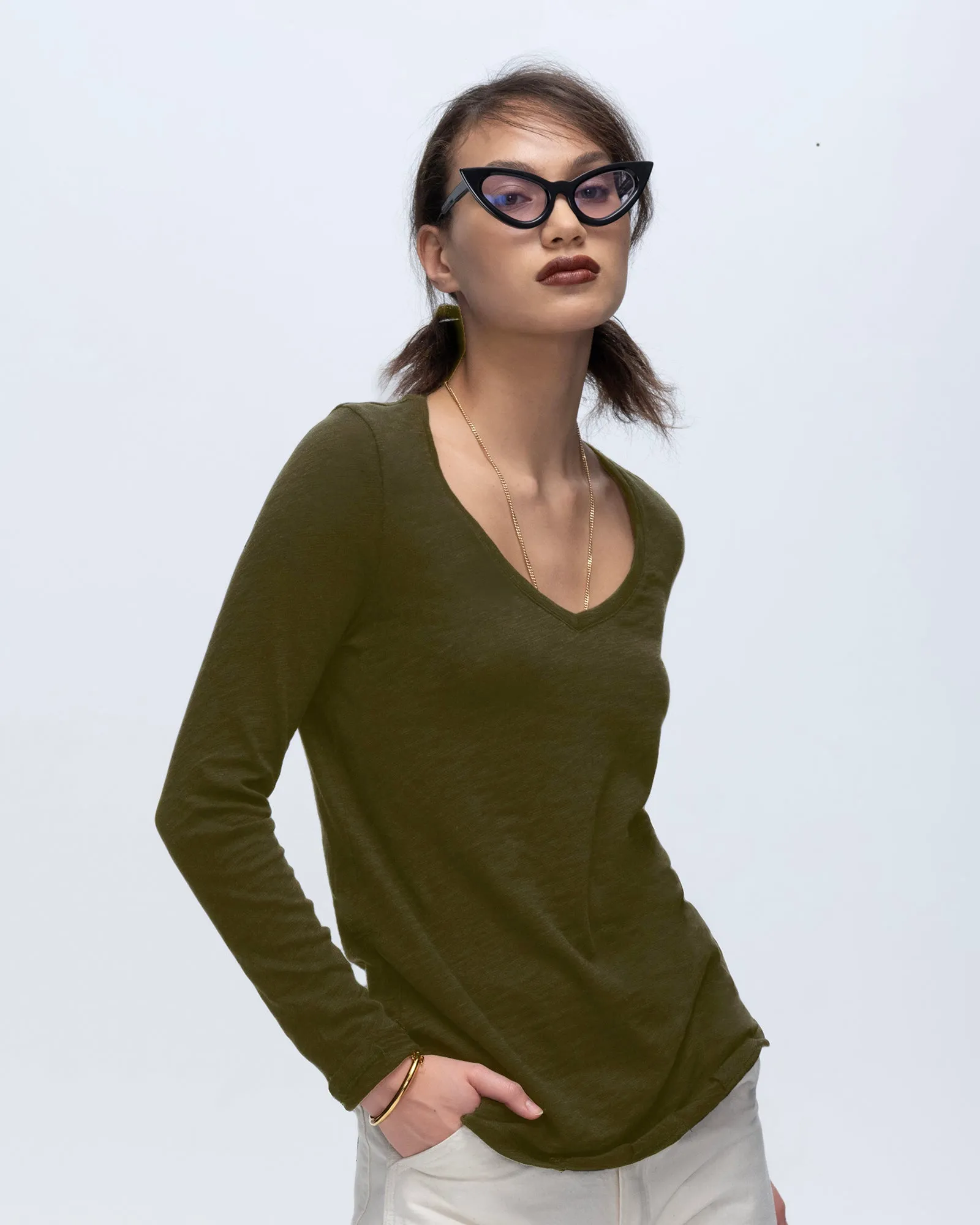 Slub Jersey Long Sleeve V-Neck Tee - Army easy to pair Casual Everyday