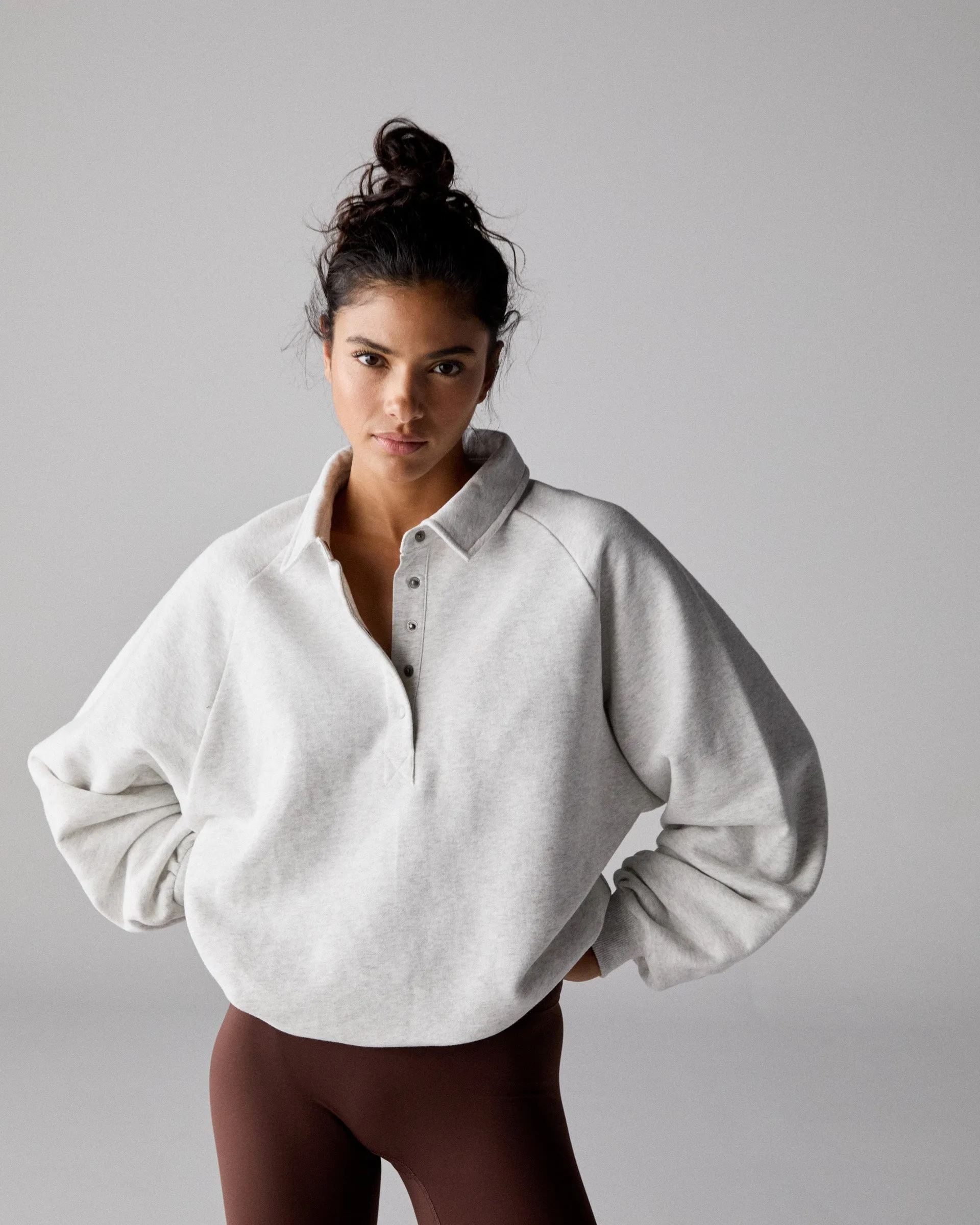 Slouchy Button Up Sweatshirt - Light Grey Melange Zip-up