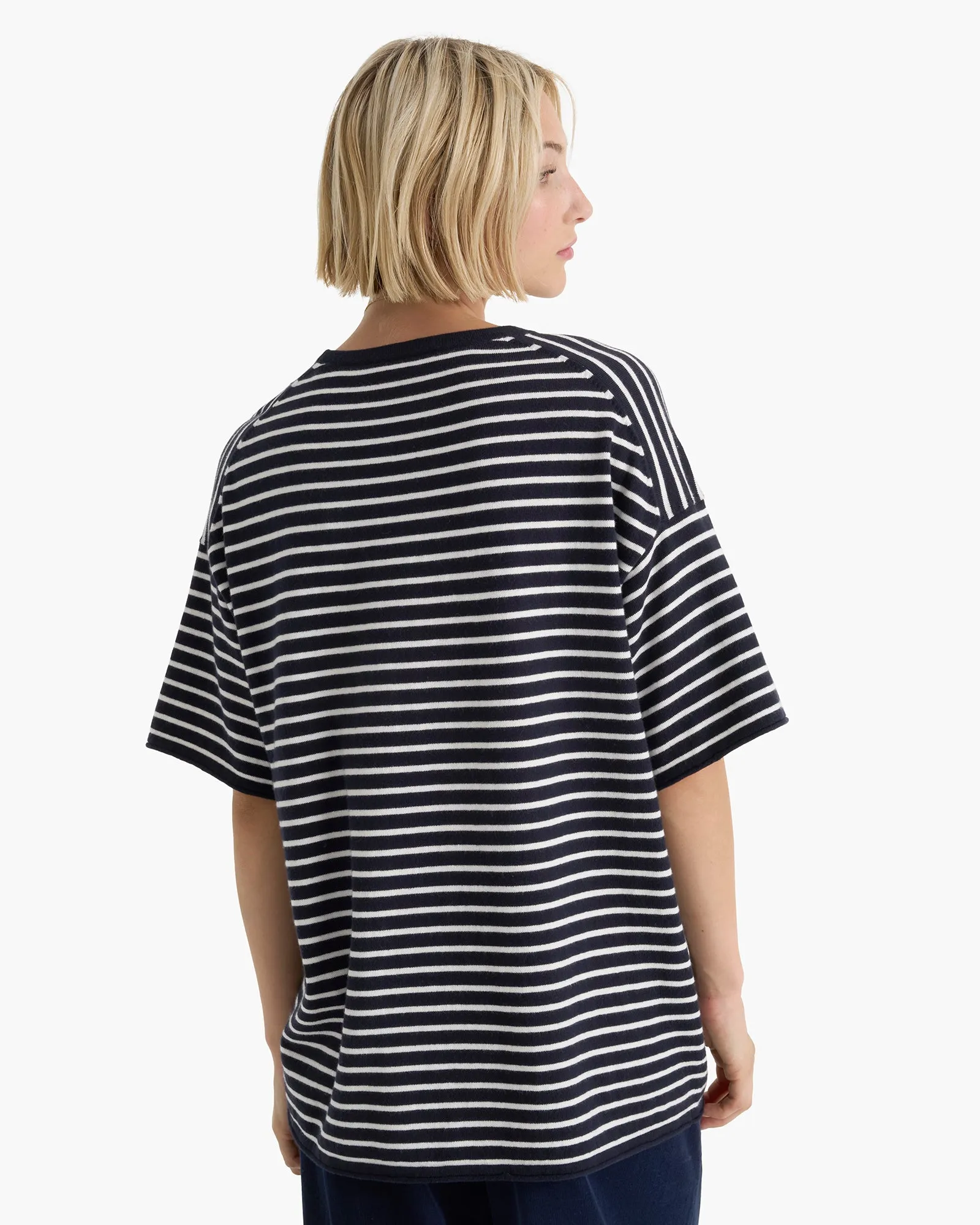 Cotton Cashmere Oversized Striped Crew Neck Tee - Midnight Chalk Informal charm Comfy Essentials