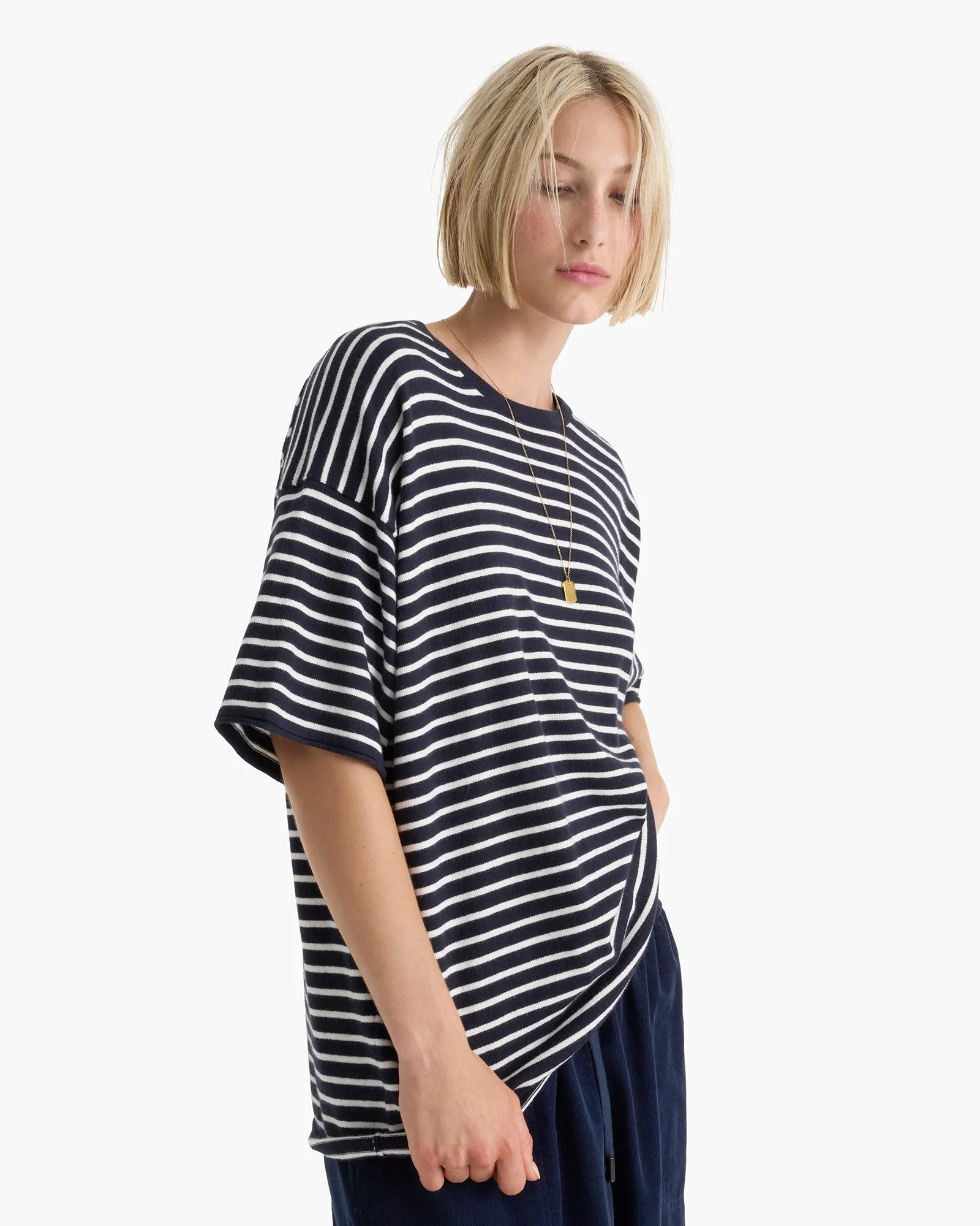 Cotton Cashmere Oversized Striped Crew Neck Tee - Midnight Chalk thermal Oversized Fit