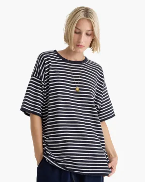 Comfort and Breathable FadeResistantPrint Cotton Cashmere Oversized Striped Crew Neck Tee - Midnight Chalk