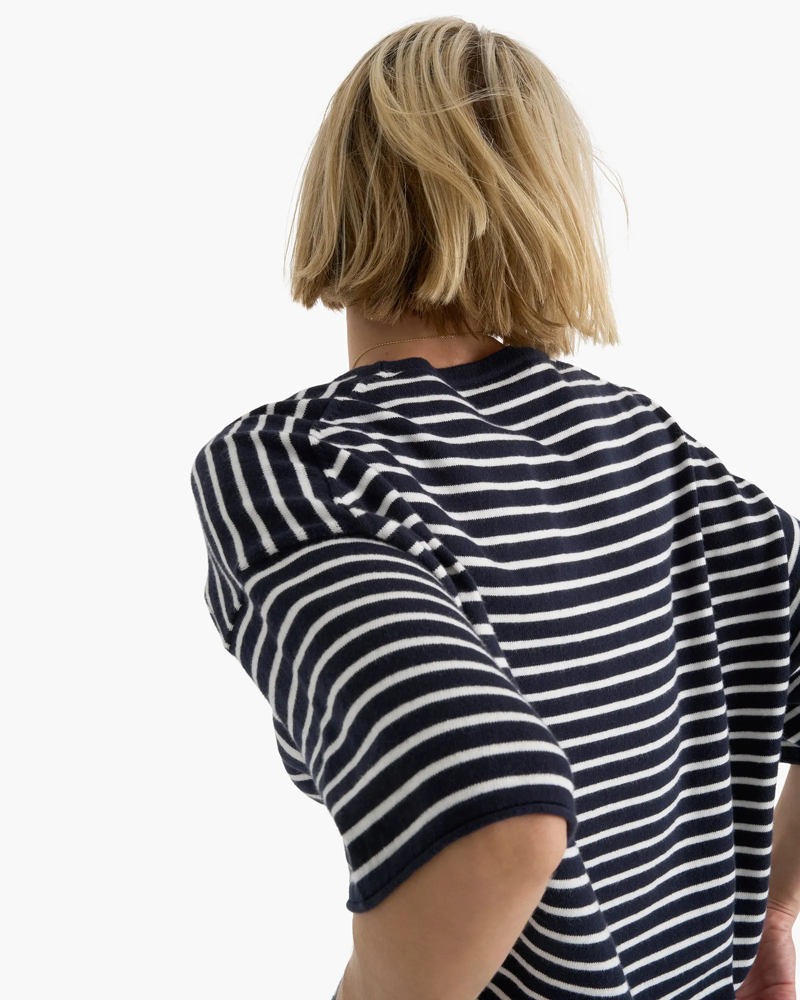 Stylish and Cozy anniversary Cotton Cashmere Oversized Striped Crew Neck Tee - Midnight Chalk
