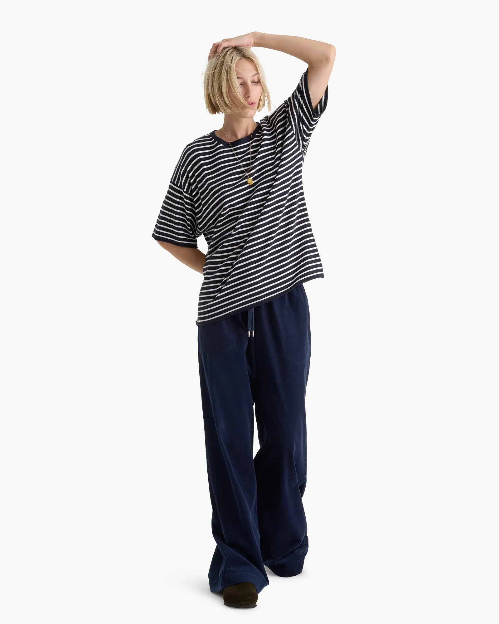 Playful Prints Cotton Cashmere Oversized Striped Crew Neck Tee - Midnight Chalk