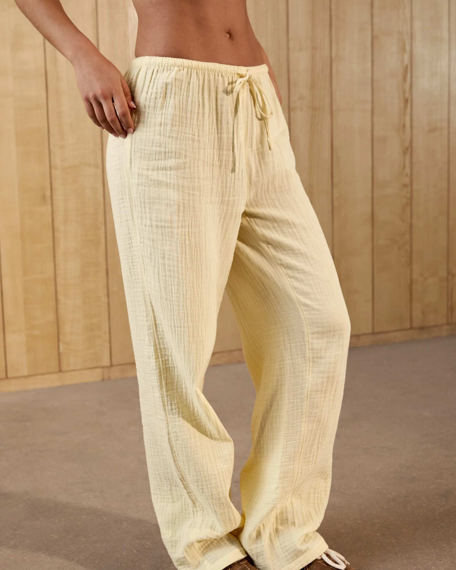 Cotton Drawstring Pants - Butter Yellow Slimline Fit Soft Brush Lining