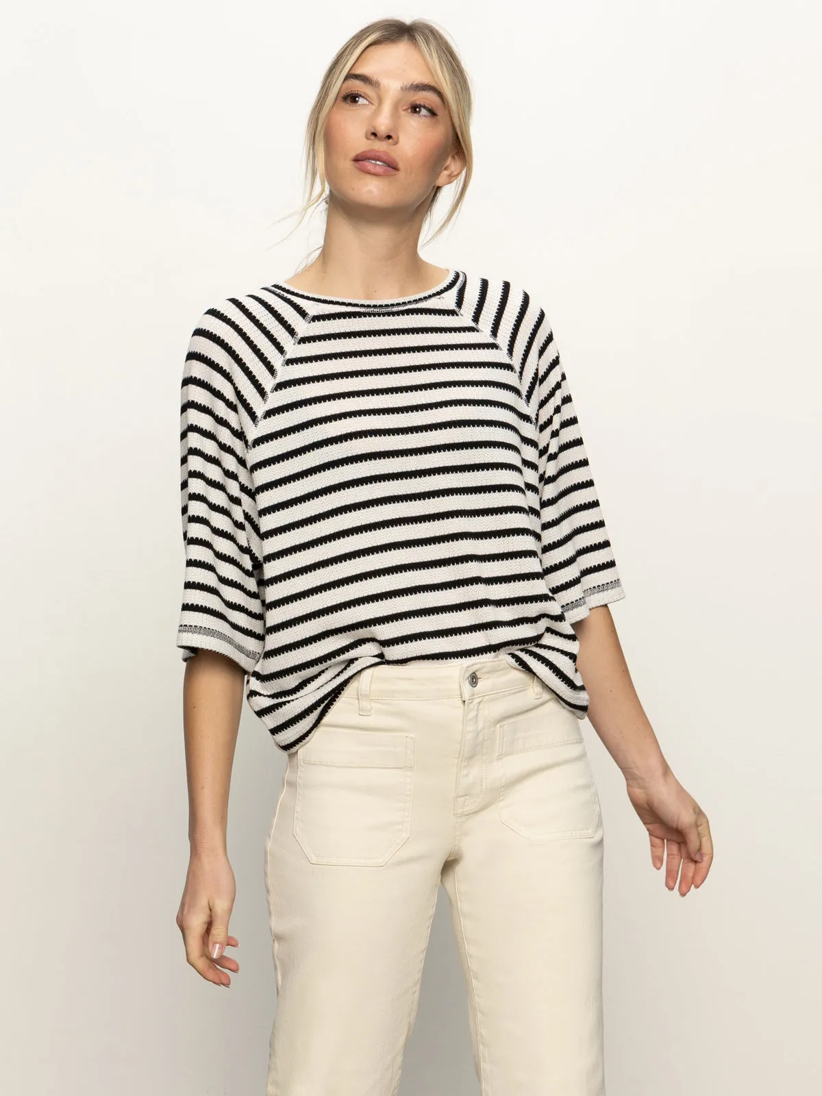 Modern Simplicity vacation wear Boxy Raglan Tee Black with Light Oat Stripe
