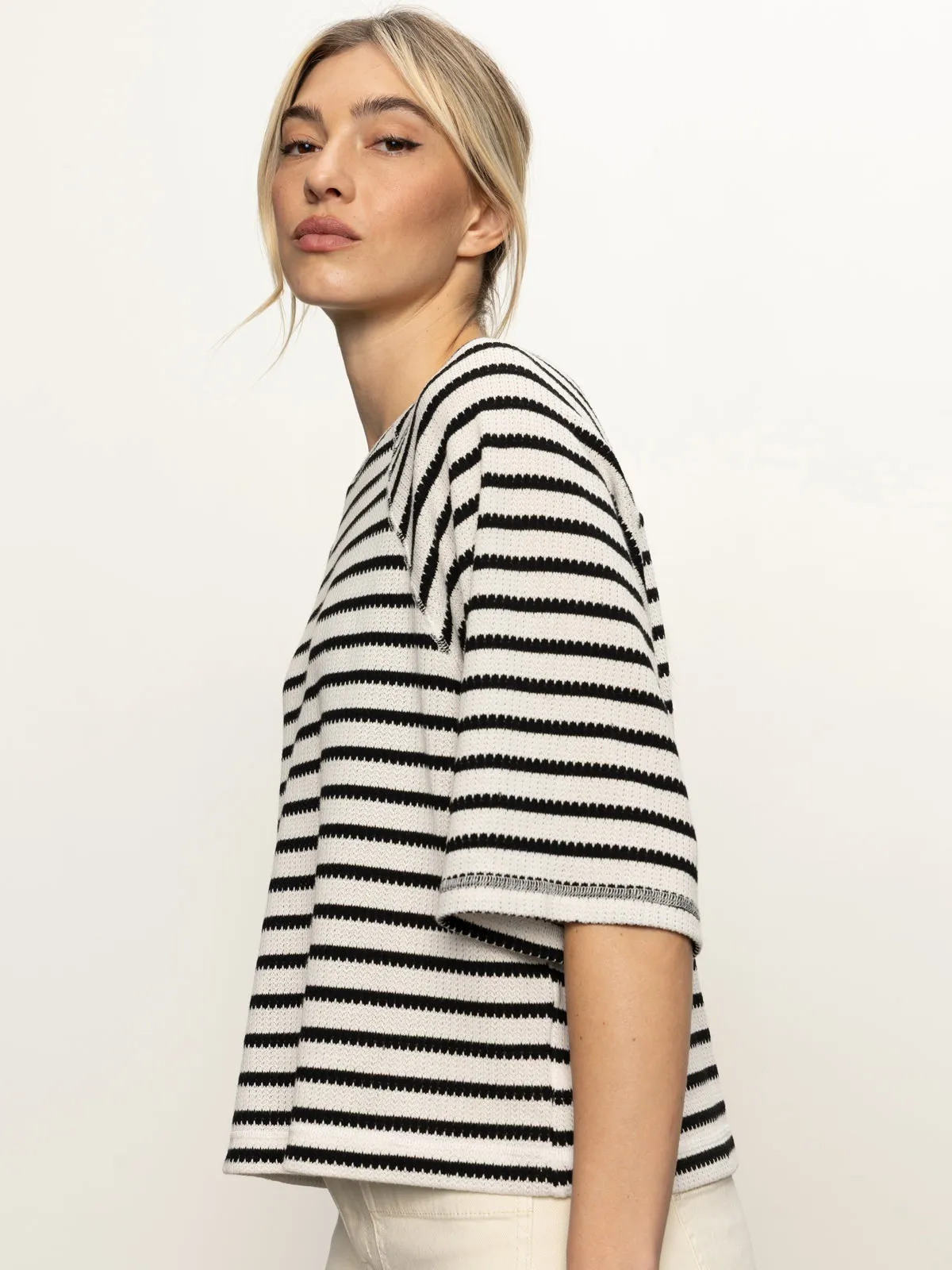 Boxy Raglan Tee Black with Light Oat Stripe Light Stretch