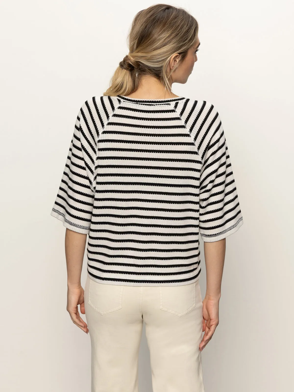Boxy Raglan Tee Black with Light Oat Stripe casual top Casual Layer Look