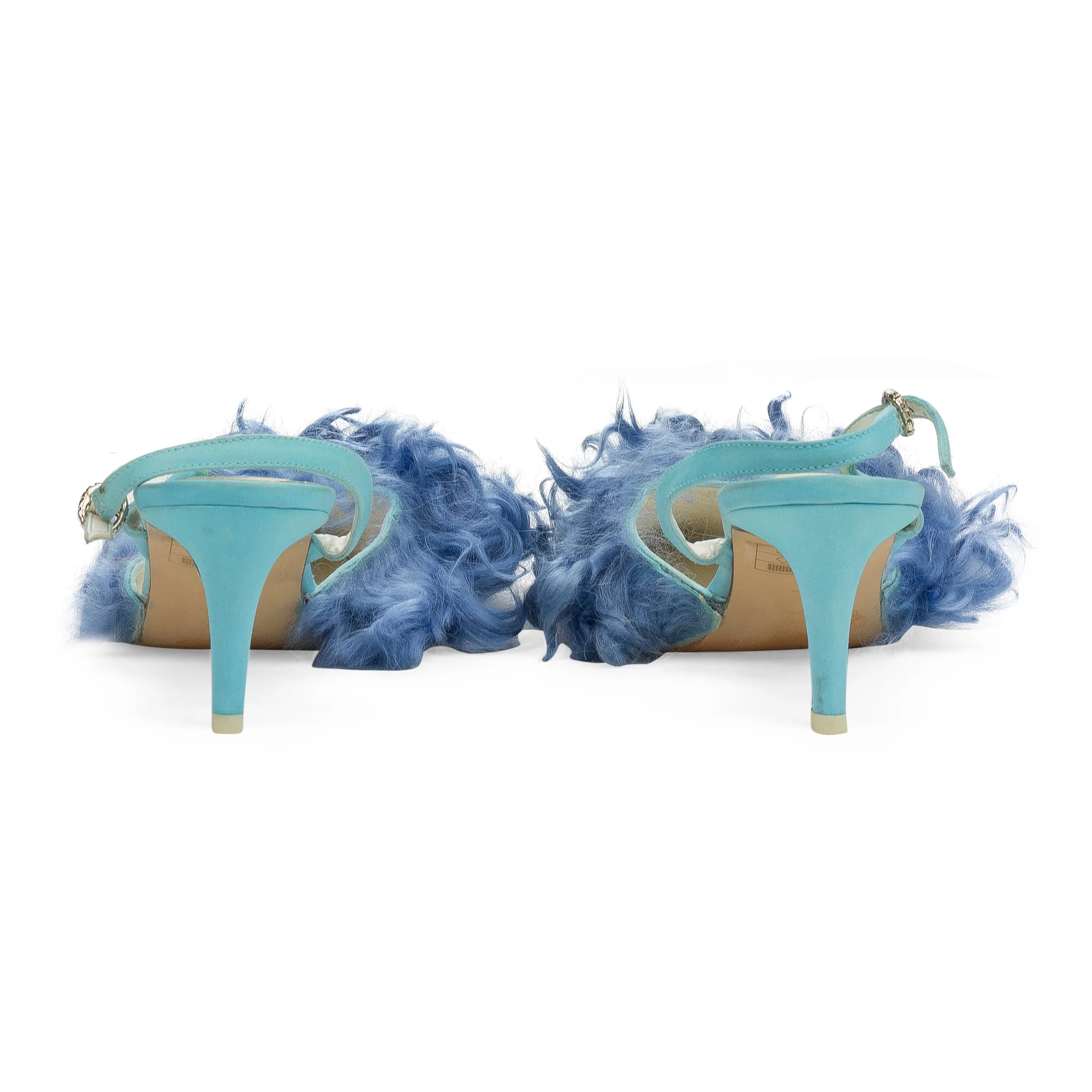 Sleek Pumps Open Back Heeled Sandals CURLY SHEARLING BLUE HEELS