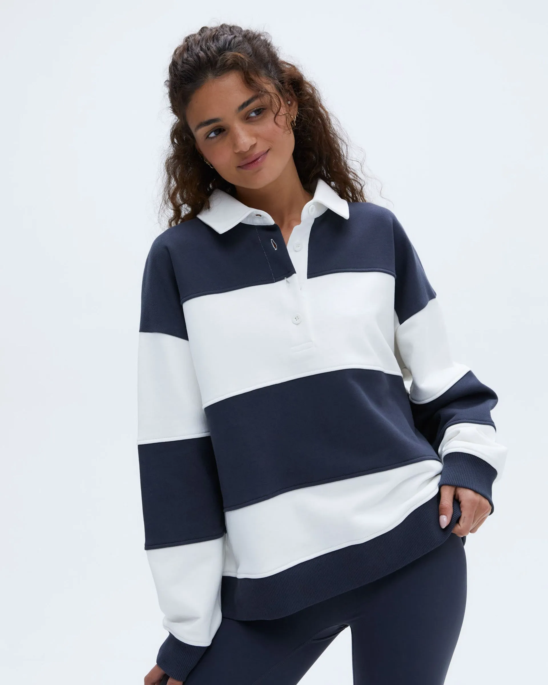Athletic Hoodie quick dry Stripe Oversized Henley Sweatshirt - Midnight Blue/Marshmallow White