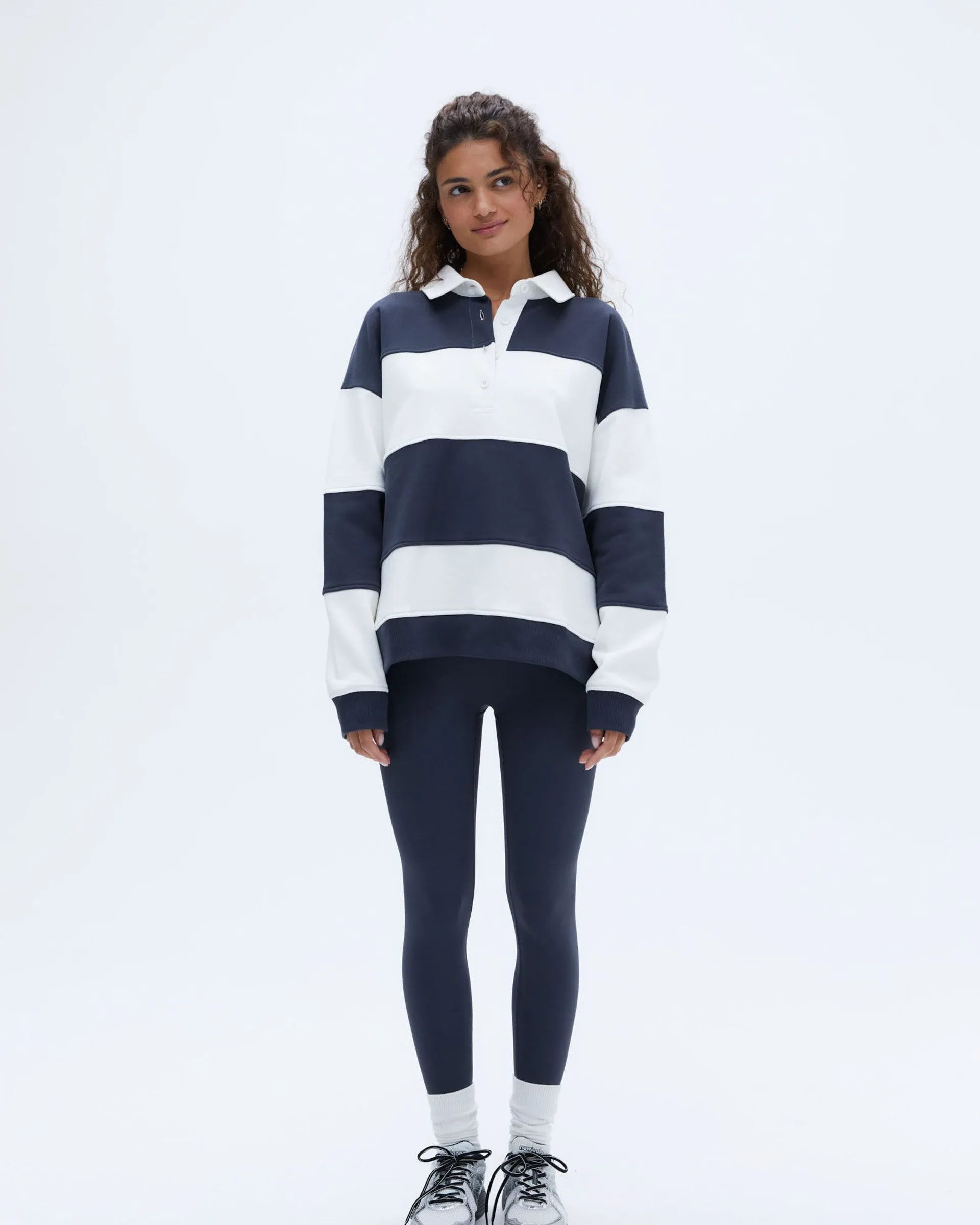 Stripe Oversized Henley Sweatshirt - Midnight Blue/Marshmallow White Weekend Active non hooded
