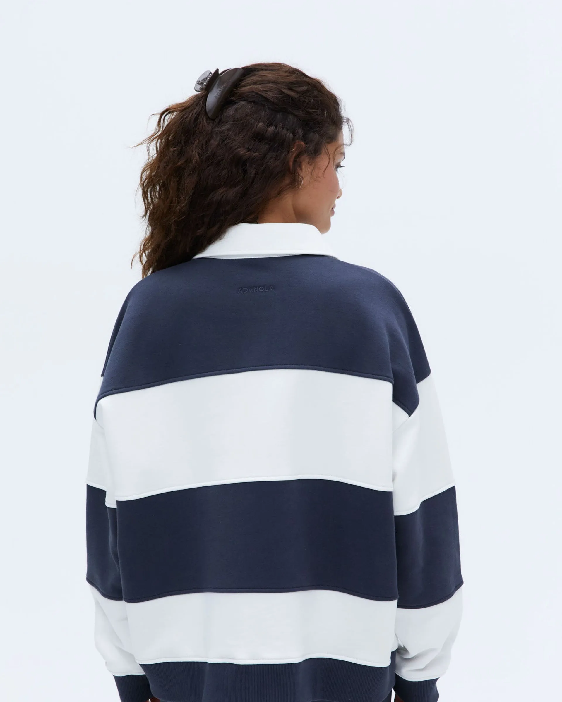 Stripe Oversized Henley Sweatshirt - Midnight Blue/Marshmallow White Cozy Layer Side Pockets