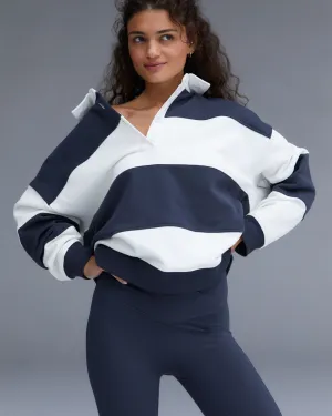 Stripe Oversized Henley Sweatshirt - Midnight Blue/Marshmallow White Shiny Finish