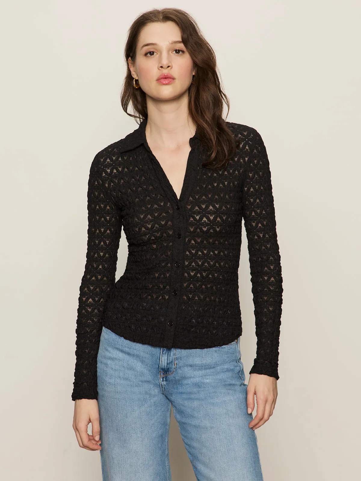 Holiday Style Dreamgirl Lace Button Up Top Black